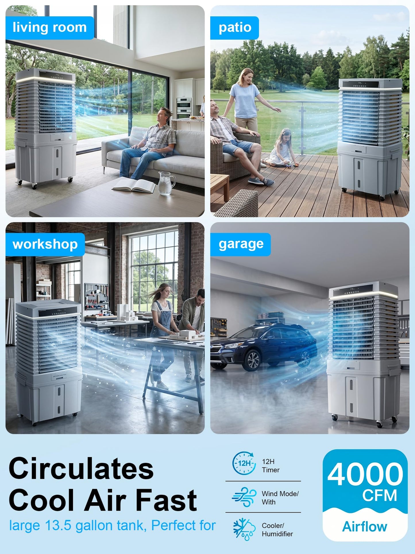 4000CFM Swamp Cooler, Outdoor Air Conditioner with 13.5Gal Detachable Water Tank, Portable Evaporative Air Cooler with Ambient Light, Patio AC Unit, 120° Oscillation Water Cooling Fan for Garage