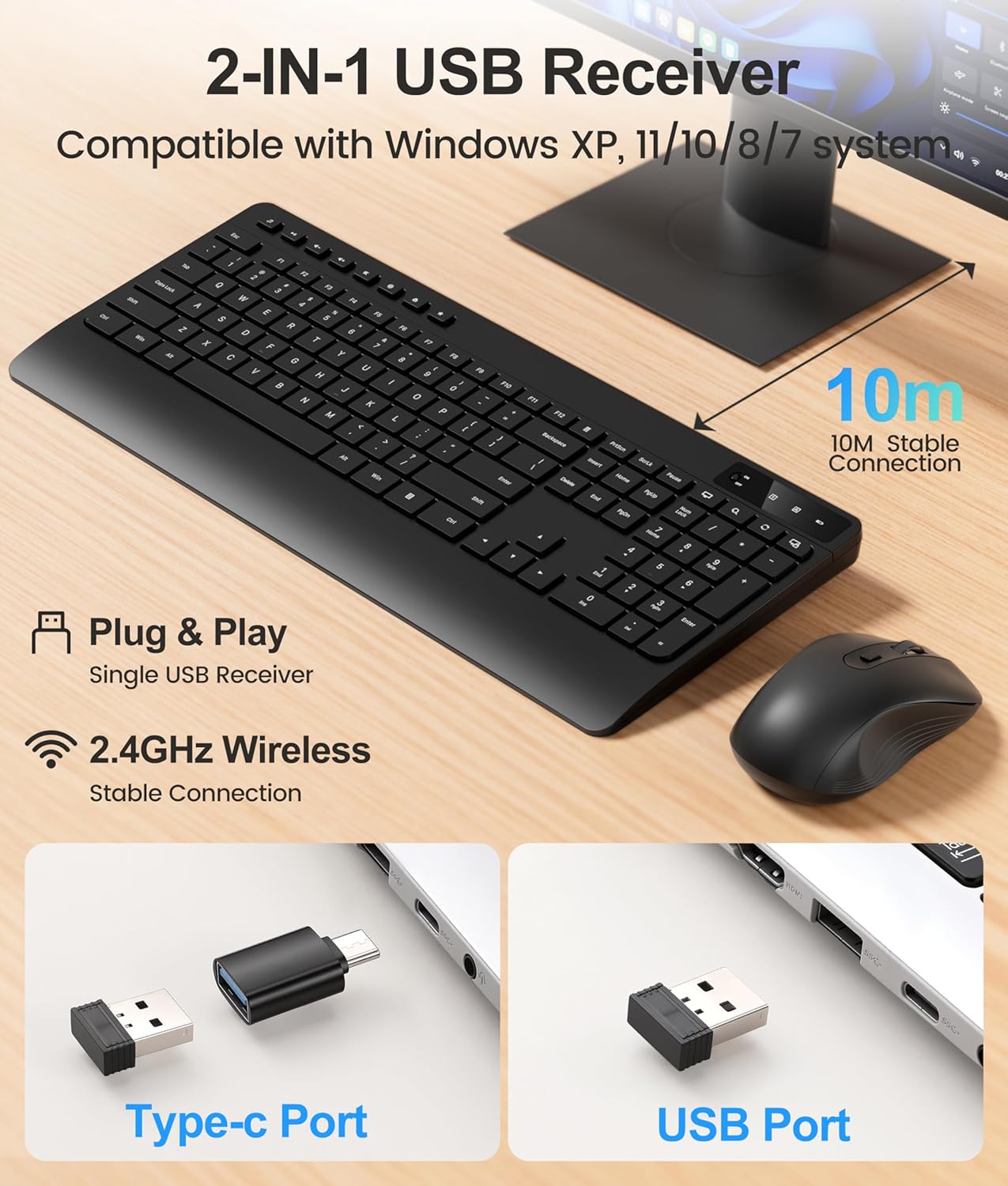 Hamile 3-Level 2.4GHz Quiet Wireless Keyboard and Mouse Combo DPI Silent Mouse, Full-Size Ergonomic Wrist Rest