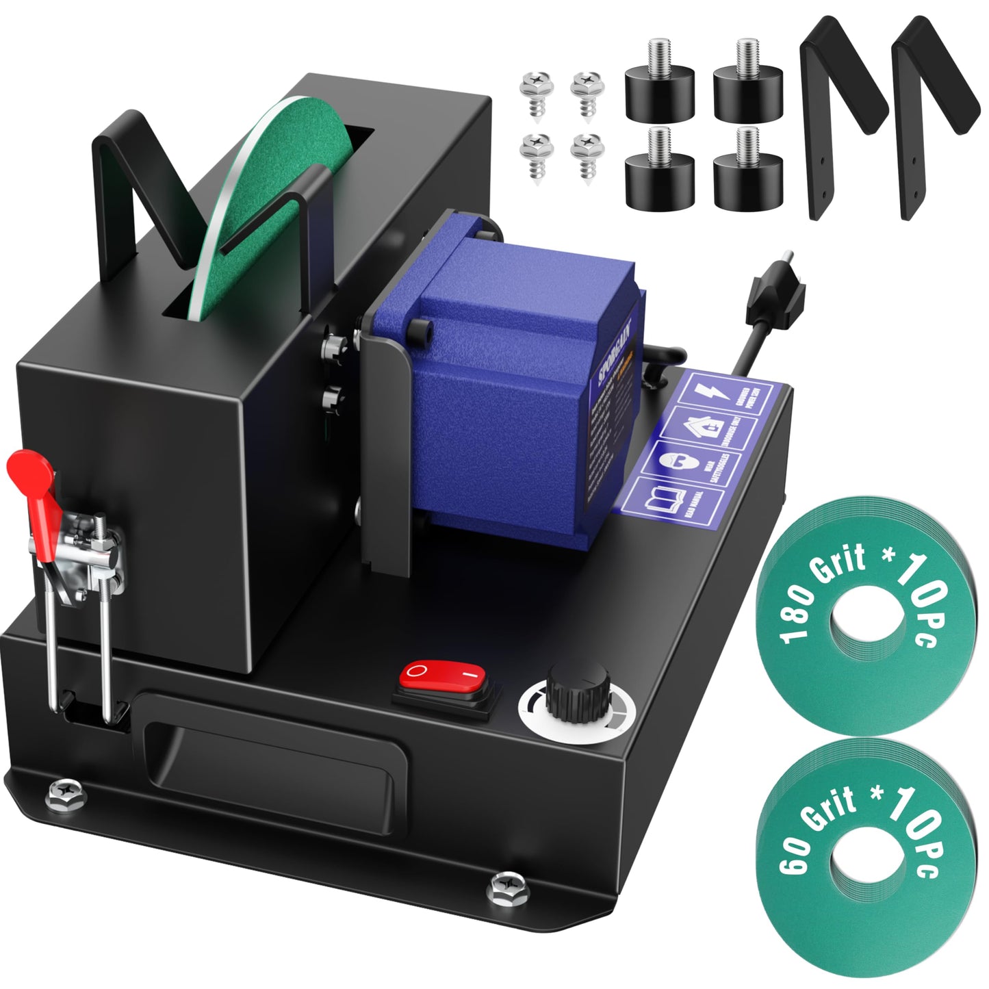 SporGain Lawn Mower Blade Sharpener, Brushless Motor 3000RPM Blade Grinder with Lifetime Motor Warranty, 7" Ceramic Wheel with 20 Sanding Discs for High Lift, Low Lift, Gator & Flat Blades