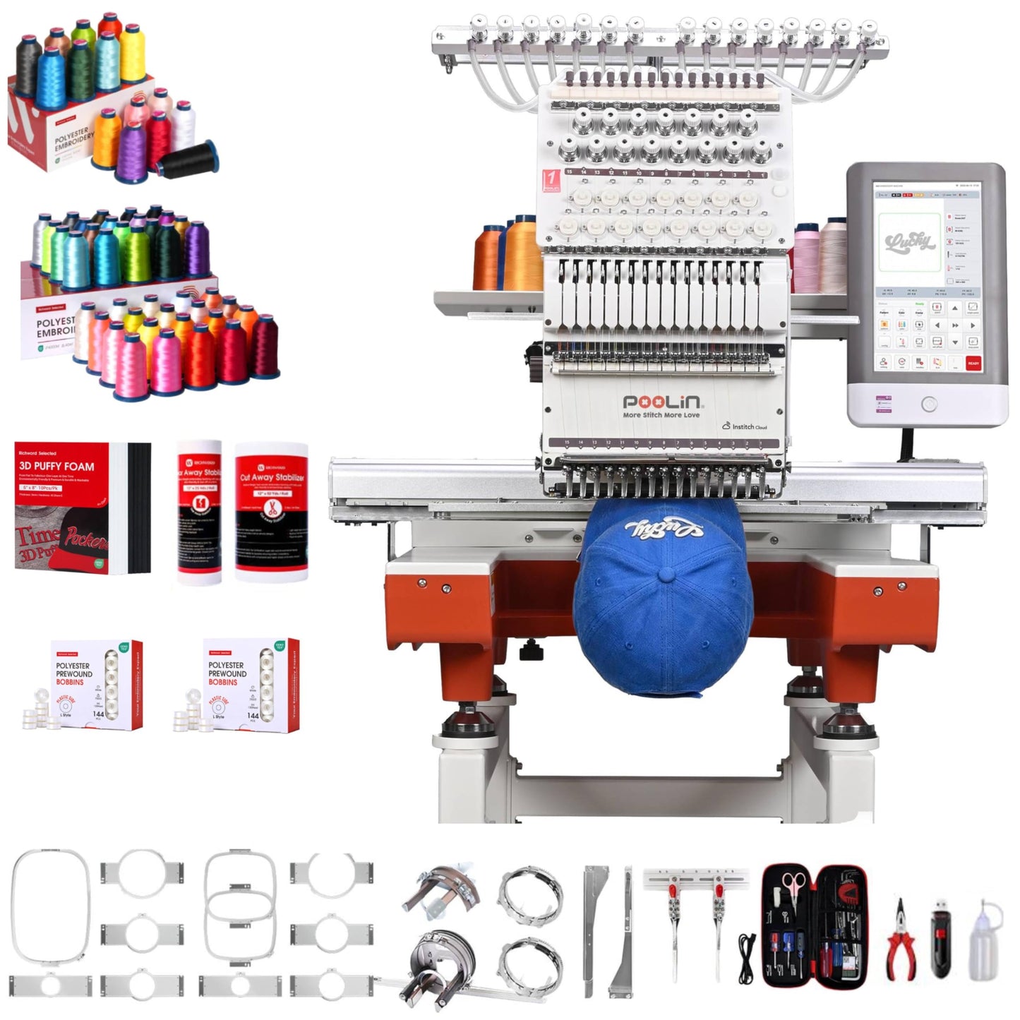 Poolin EOX 15-Needle Commercial Embroidery Machine | Starter Cap Embroidery Bundle – Includes 15-Color Thread Kit, 144 Pre-Wound Bobbins & 3D Puff Foam