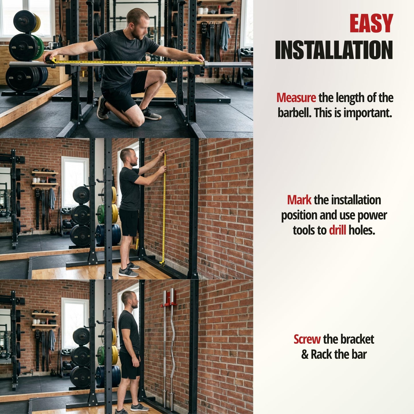 Olympic Barbell Hanger,Garage Gym Bar Wall Rack,Vertical Barbell Mount Rack,Space Saving Commercial or Home Gym Accessory,Holds Under 33mm Bar Size (Red 2 Hooks)