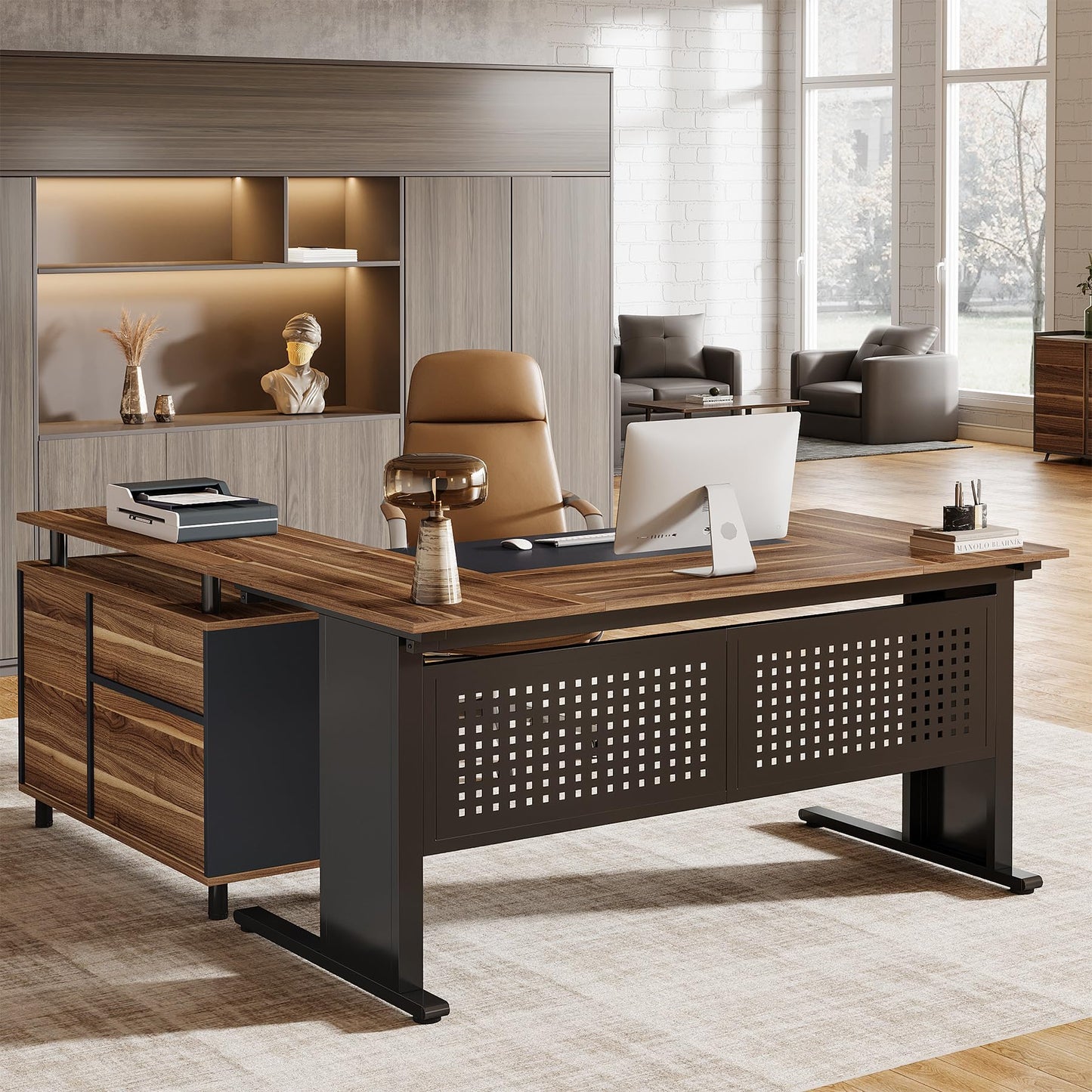 Tribesigns 63-Inch L-Shaped Executive Desk with Storage Shelves, Large Office Computer Desk with Drawers and File Cabinet, Industrial Business Workstation for Home Office, Brown and Black