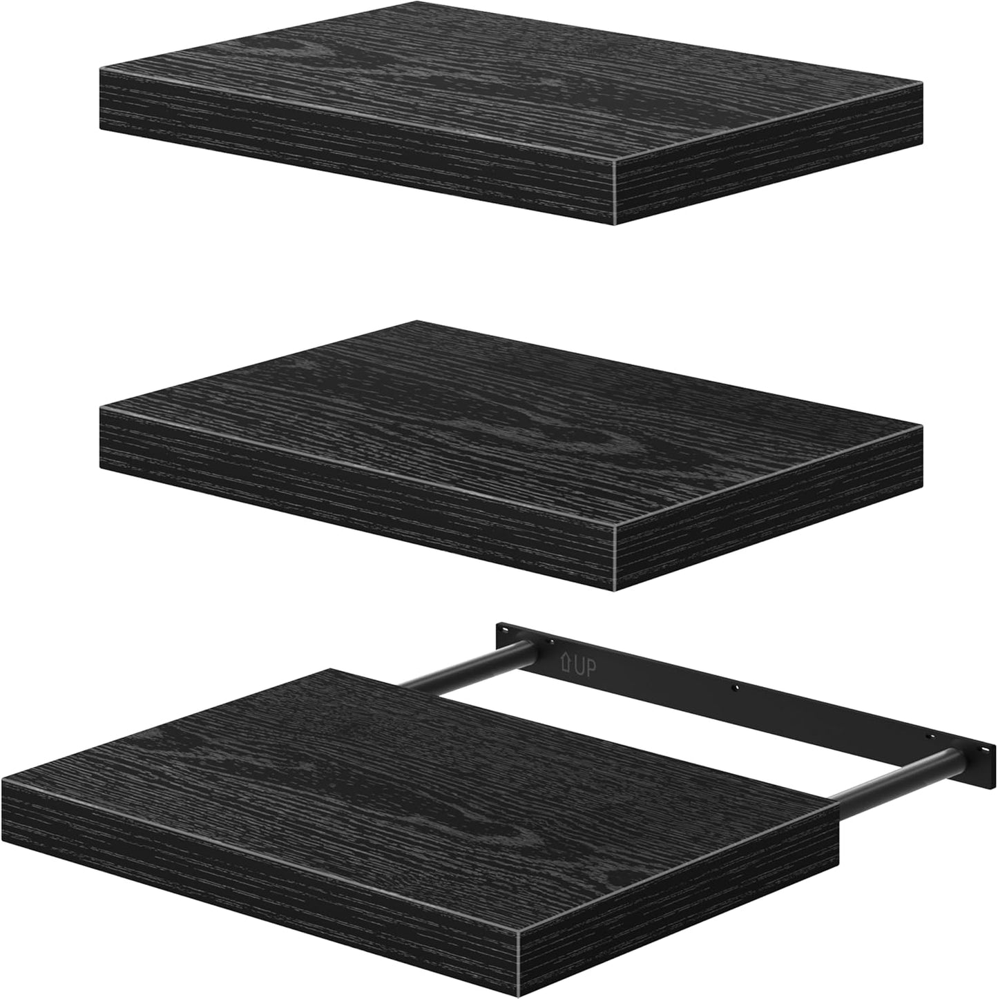 QEEIG 10" Deep Floating Shelves - Set of 3 Black Wall-Mounted Bookshelves for Bathroom, Bedroom, Kitchen & Living Room