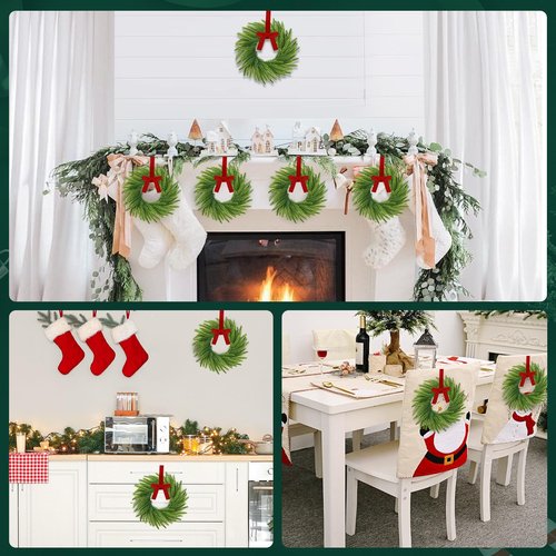 6 Pcs Mini Christmas Wreaths for Kitchen Cabinet, 7.87" Small Christmas Wreath with Ribbon Bows, Norfolk Pine Candle Ring Holder for Table Centerpiece Window Chair Wall Decors