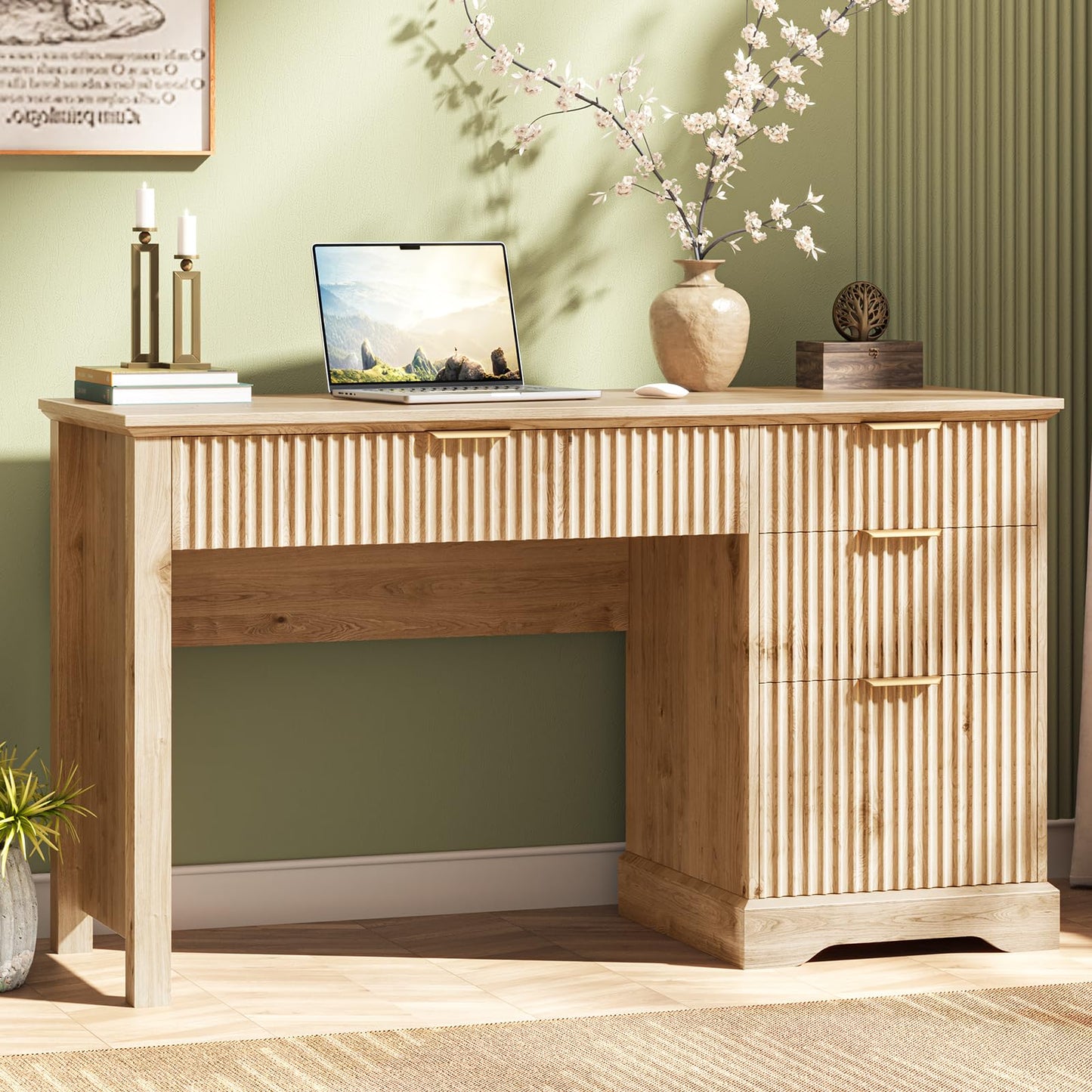 Vabches Fluted Executive Desk with Drawers, Wood Computer Desk with Ample File Drawer, Home Office Desk with Storage for Study, Bedroom, Living Room, Oak
