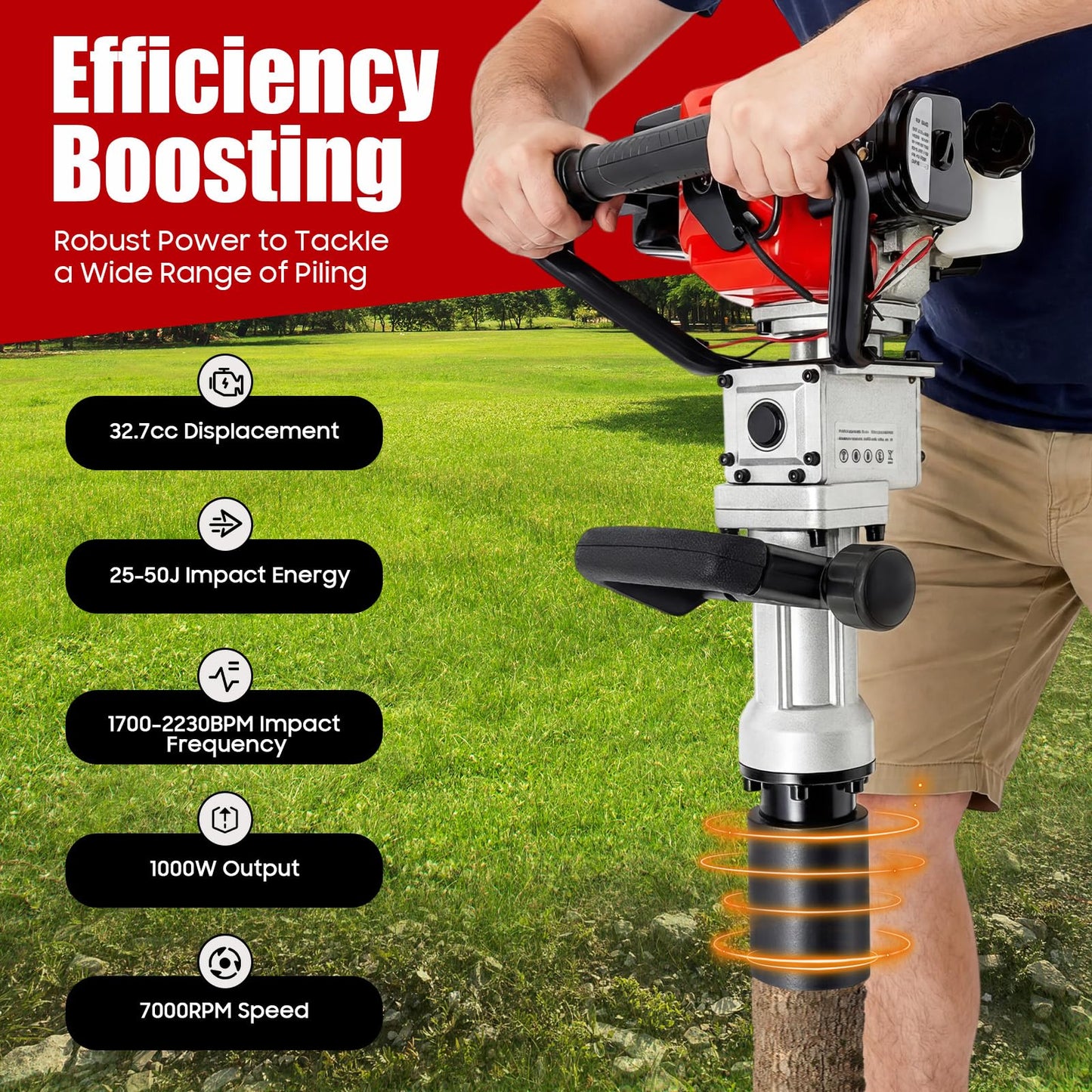 YIYIONCE 2-Stroke Gas Powered T Post Driver 32.7CC 1000W Gas Powered Pile Driver 2 In 1 Fence Post Driver with Air Cooled T Post Driver Hammer Drill with Conversion Head, Chisel & 2 Sleeves | US STOCK