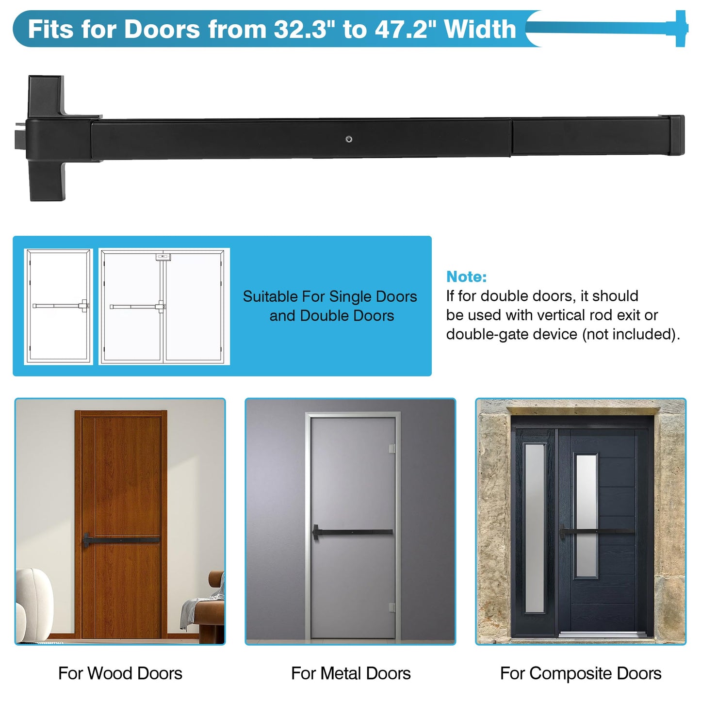 IRONWALLS Door Push Bar Panic Exit Device Stainless Steel with Handle Lever, Black 32” Commercial Push Panic Bars for Emergency Exit Doors, Heavy Duty Panic Hardware for 32”-47” Wooden/Metal Door