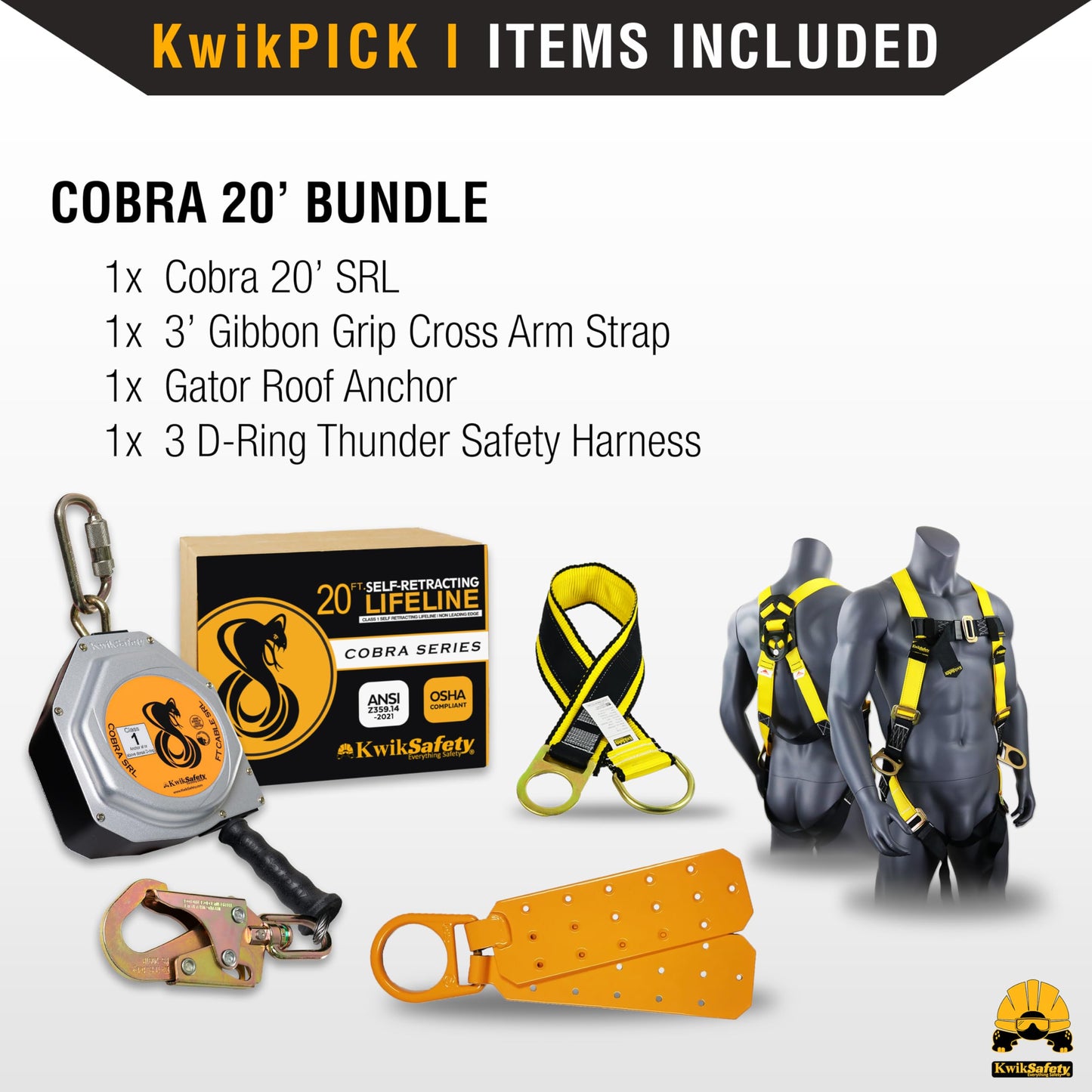 KwikSafety - Charlotte, NC - COBRA 20' BUNDLE [Cable Self Retracting Lifeline + 3FT Cross Arm Strap + Roof Anchor + 3 D-Ring Safety Harness] ANSI OSHA Class B Retractable SRL Fall Arrest PPE