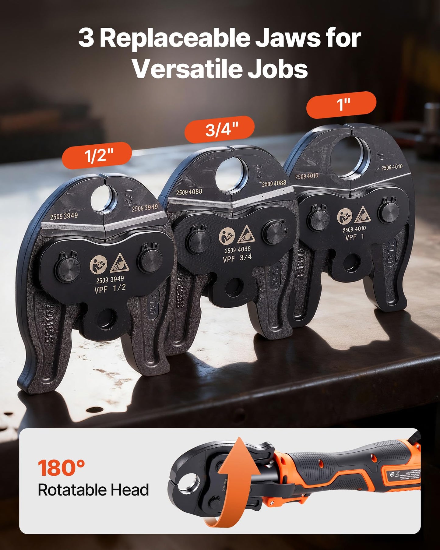 VEVOR Press Tool, 18V Electric Pipe Crimping Tool for 1/2" 3/4" 1" PEX Pipe Stainless Steel Rings, 24KN PEX Press Tool Compatible with PureFlow - with 3 VPF Jaws, 2pcs 2AH Batteries, Charger & Toolbox