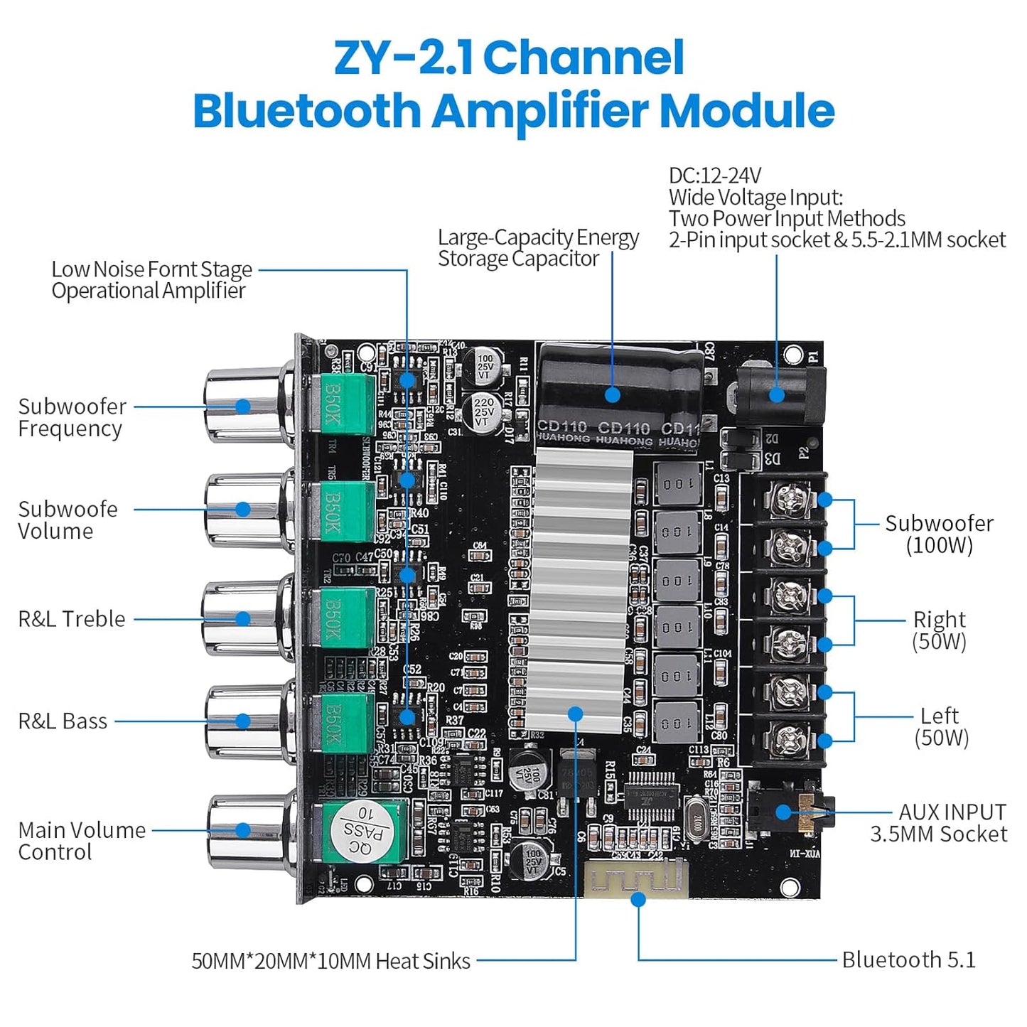 ZY-2.1 2.1CH 50W 2 +100W 5.1 Bluetooth Audio Amplifier Board, x Subwoofer Power Amp with Treble and Bass Control
