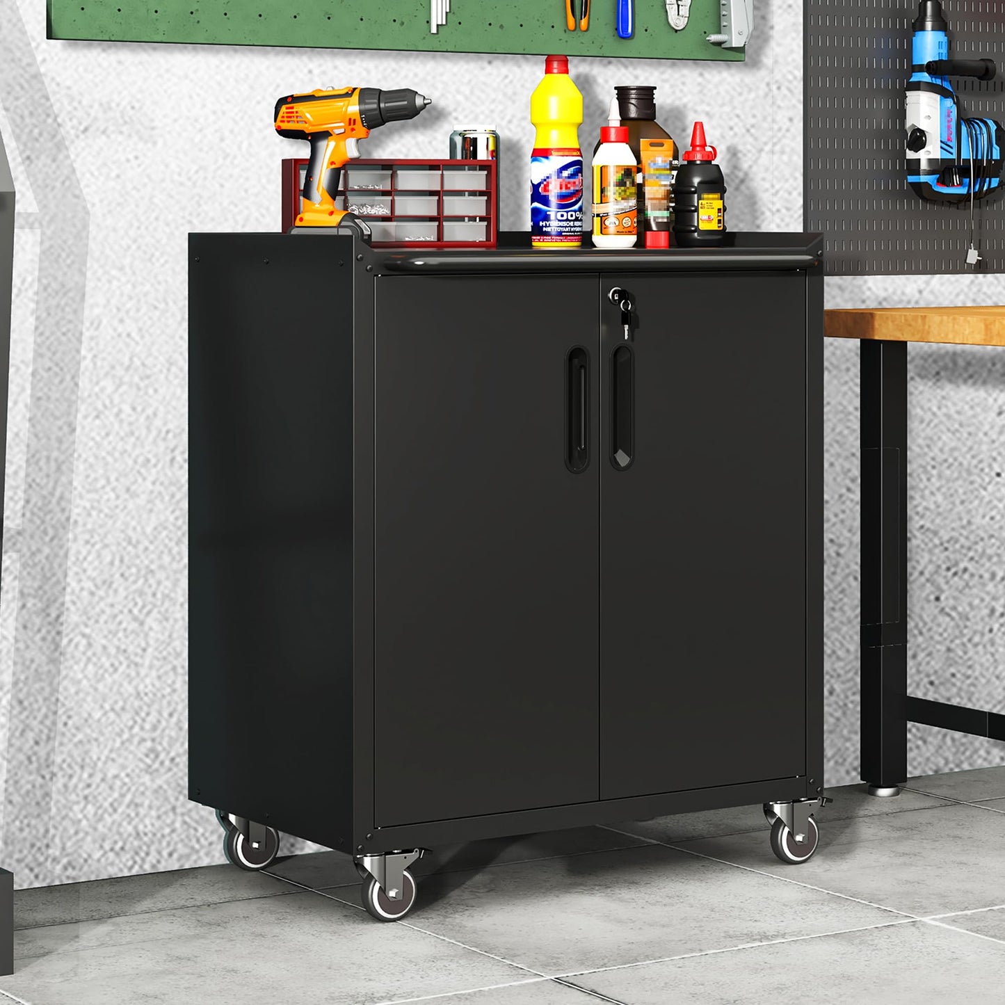 VIYET Garage Cabinets,Metal Garage Storage Cabinet with Wheels,Black Lockable Rolling Tool Cabinet with Drawer and Adjustable Shelves,Heavy Duty Tool Chest for Home Office Utility Room