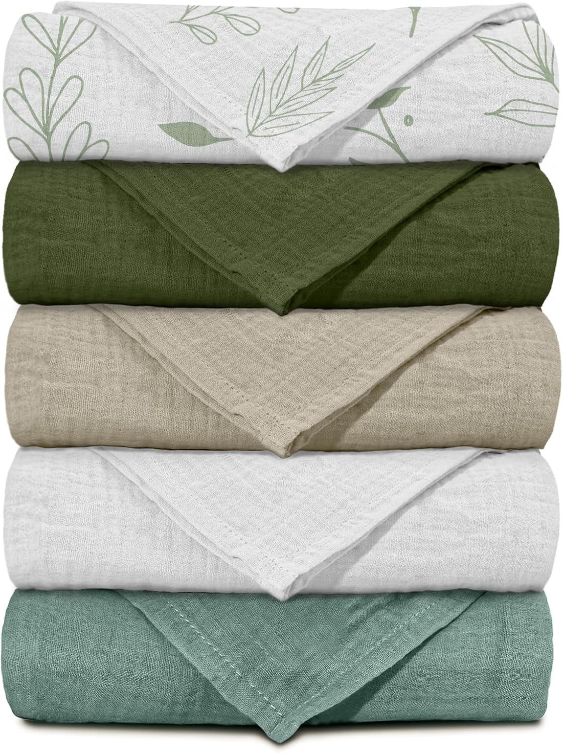 Skiennix Muslin Receiving Blankets - Breathable Neutral Swaddle Wraps for Newborns | 5 Pack Bright Leaves