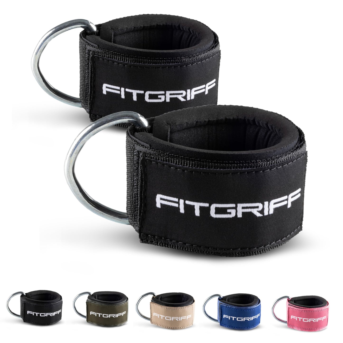 Fitgriff® Ankle Straps V2 for Cable Machine (2 Pieces) - Gym Workout Equipment - Leg Pulley Attachment, Kickback Straps (Black)