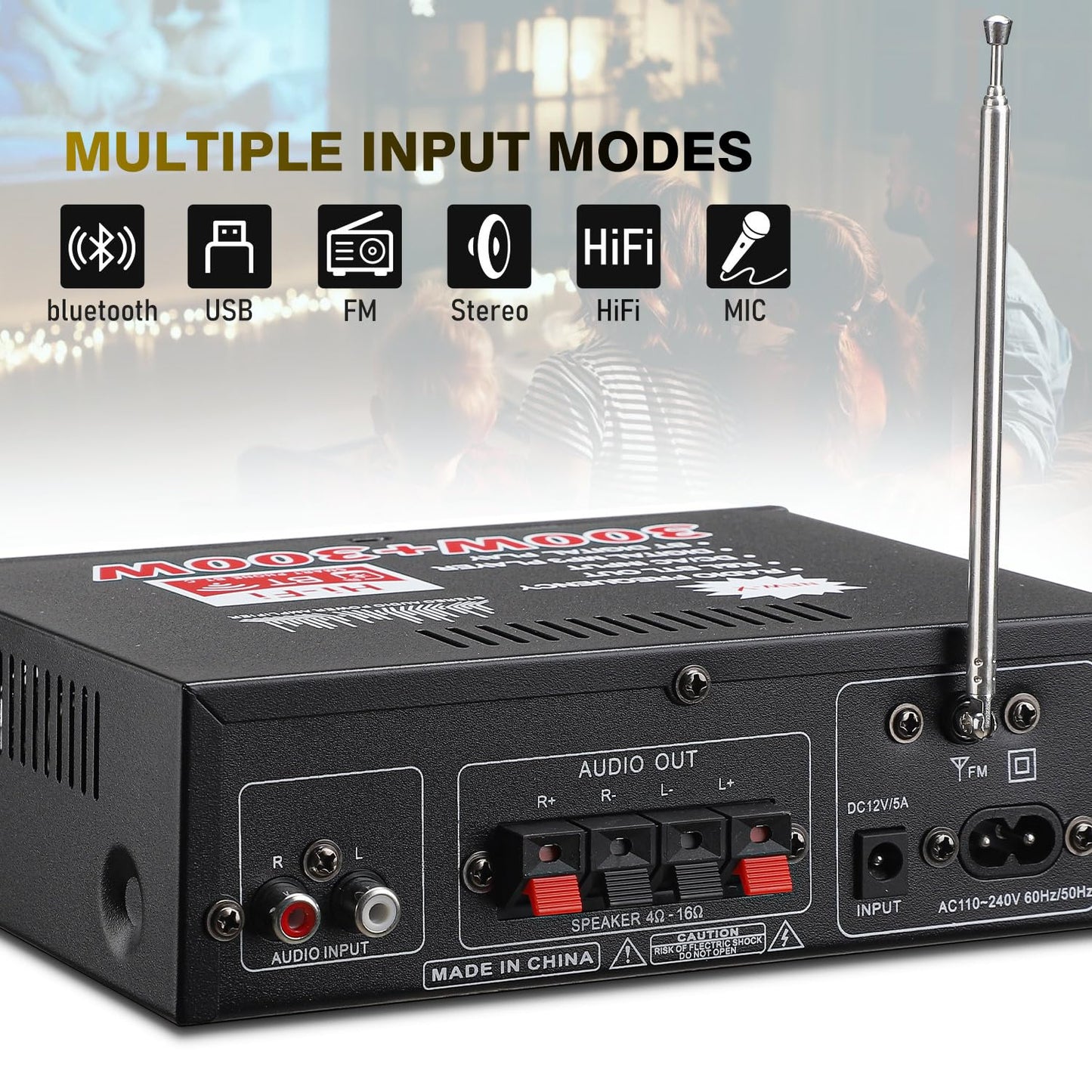AV-298BT 600W 2 5.0 Stereo Audio Amplifier, Max Amp Channel Wireless Bluetooth Power Amplifier System, Home Amplifiers