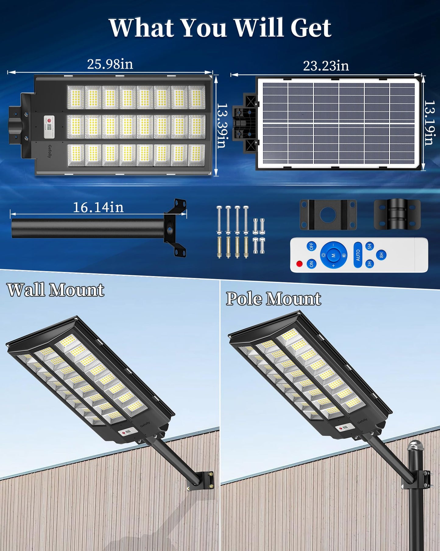 Gefolly Solar Street Light Outdoor Wide Angle Commercial Parking Lot Lights Dusk to Dawn 6500K Flood Security Light IP67 Lamp for Basketball Court, Yard