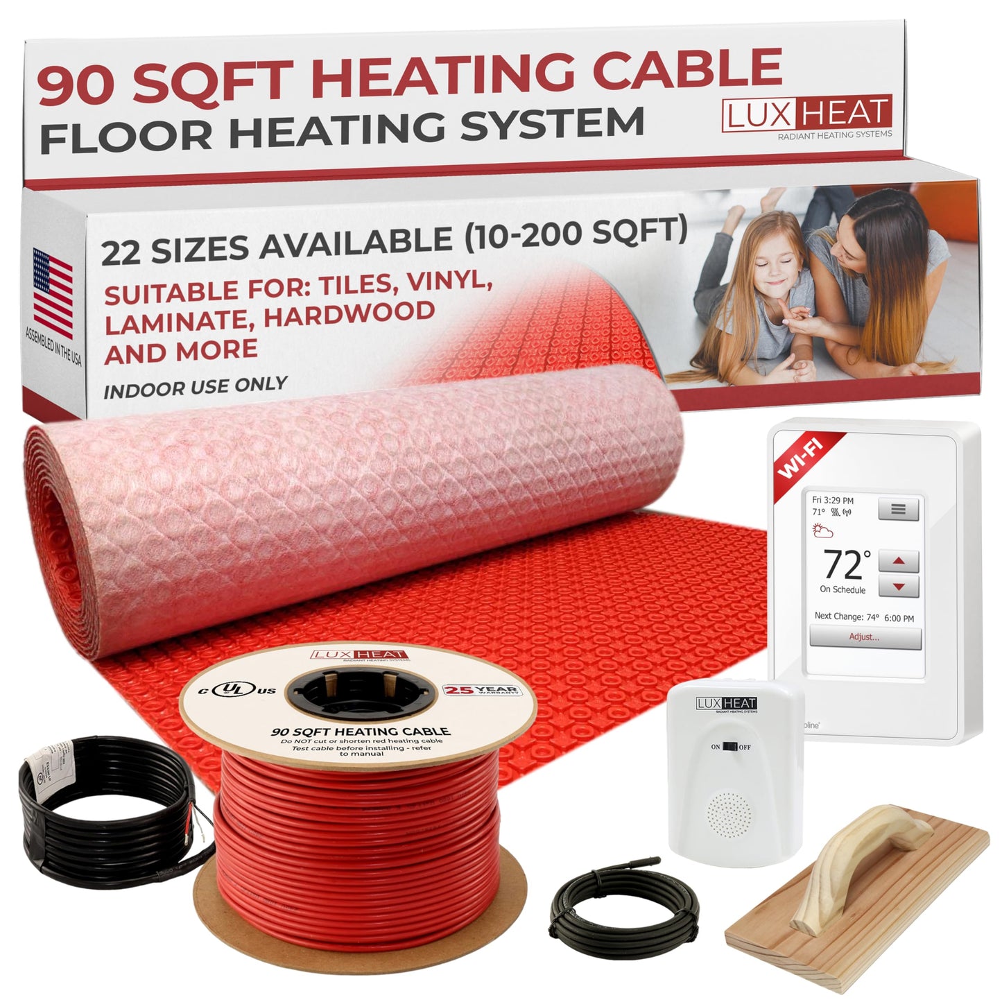 LuxHeat 90sqft Electric Radiant Floor Heating System - 120v Heating Floor System for Tile Includes UWG4 WiFi Programmable Thermostat w/GFCI, Uncoupling Membrane, Cable, Monitor & Sensor