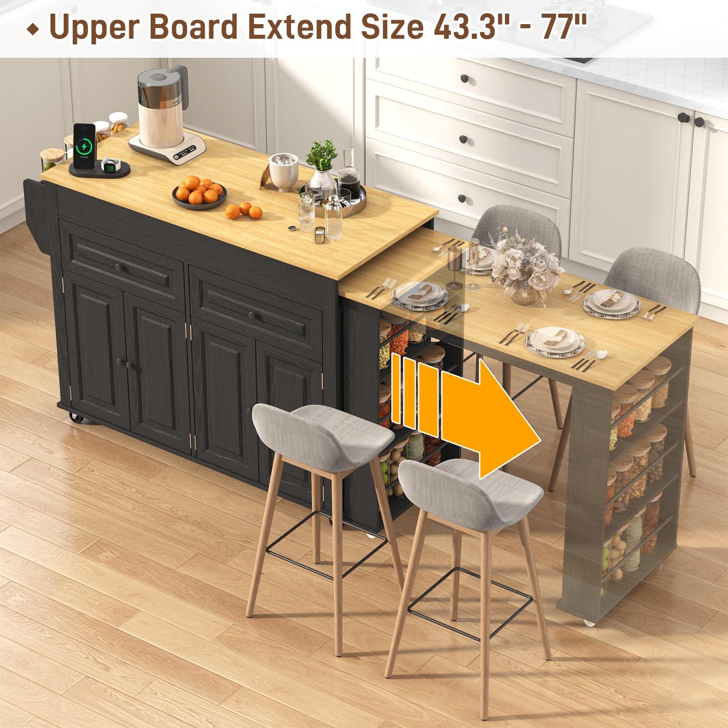 80"-48" Extendable Kitchen Island with Extended Dining Table and Power Outlet,Large Mobile Kitchen Storage Islands with 2 Storage Drawers,Rolling Islands Cart with 3 Extra Rows Open Shelves(Black)