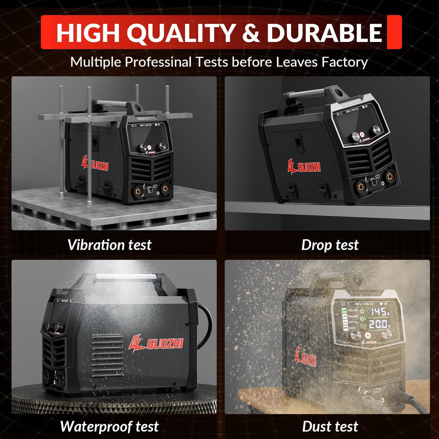 GZ GUOZHI 145A MIG Welder, 3 in 1 Welders FLUX MIG/Lift TIG/ARC Multi-Process Welder, 110V Welding Machine, ‌Flux Core Welder with upgrade Large LCD Screen