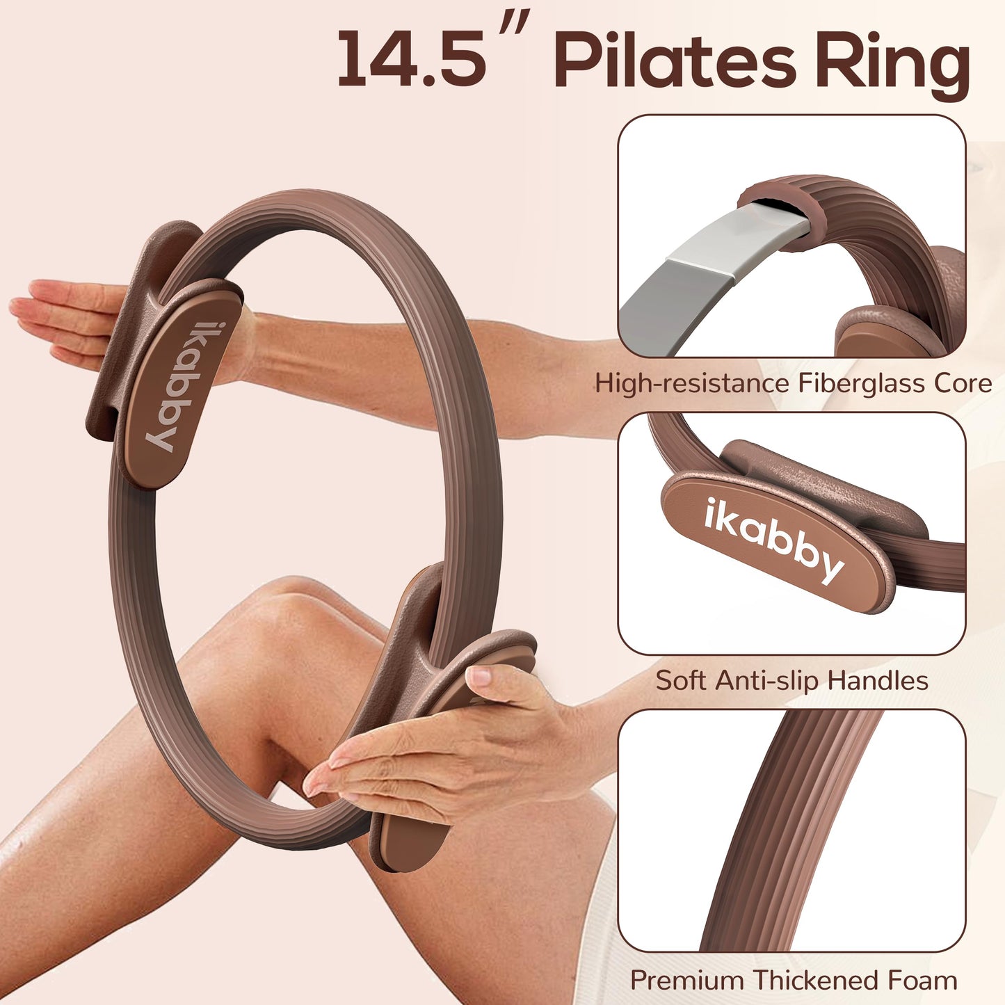 Ikabby Pilates Kit, Home Pilates Kit with Weights, Pilates Equipment for Home Workout, Pilates Essentials Kit for Women, Yoga Pilates Mat Kit for Beginners, Brown Pilates Set