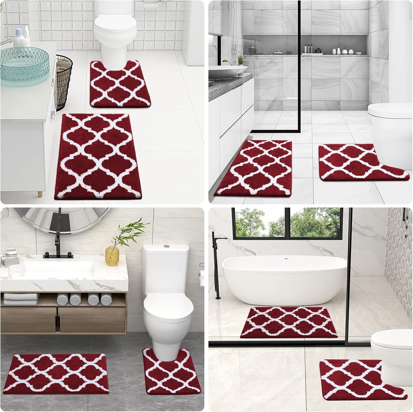 OLANLY Bathroom Rugs Set - Non-Slip Microfiber Bath Mat & U-Shaped Toilet Rug - Burgundy (30"x20" + 24"x20")