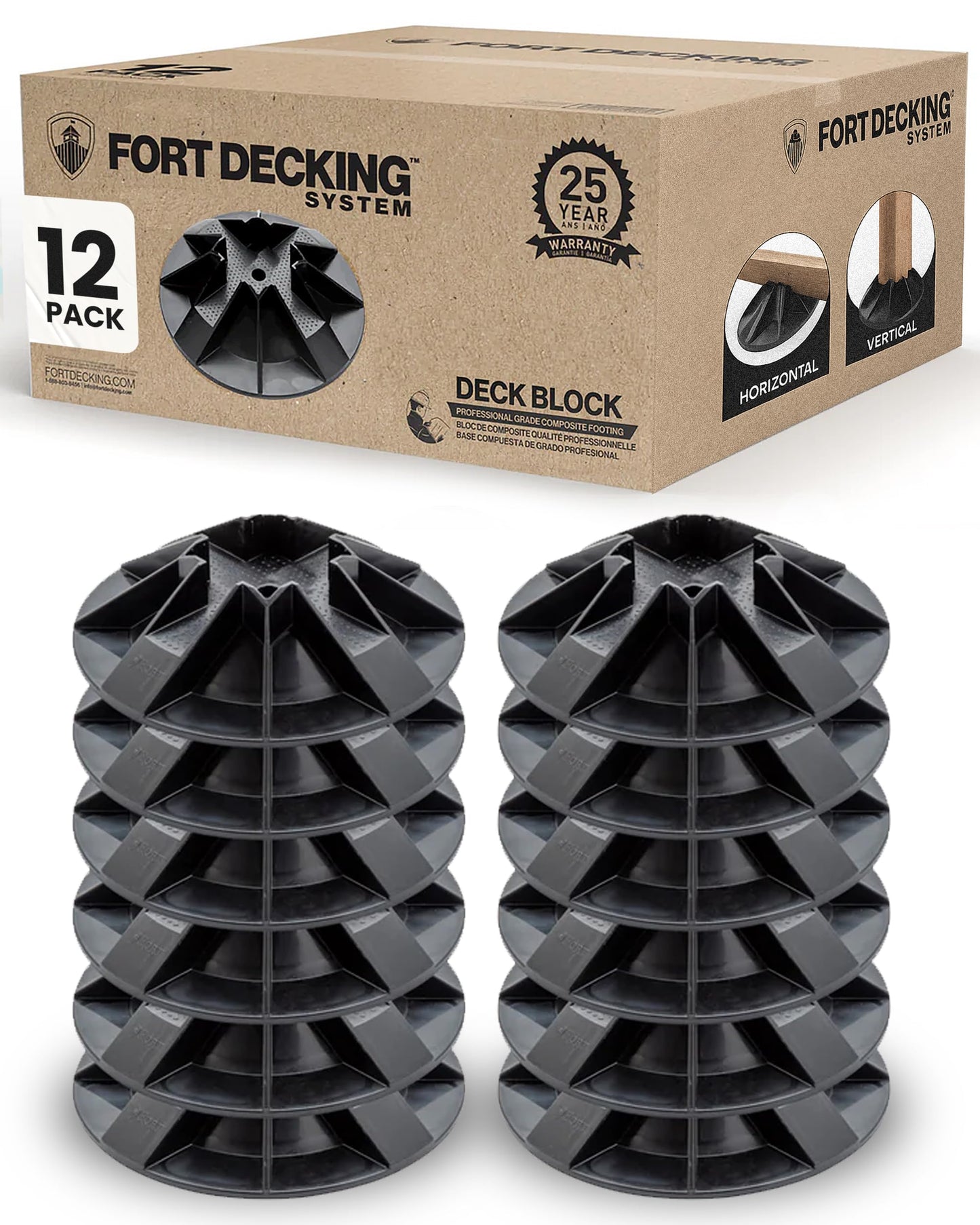 Fort Decking Systems Fort Decking 12-Inch Deck Blocks for Posts, Fits 4x4, 2x4, 2x6 2x8 and 2x10 Joists and Beams, Pack of 12, Black