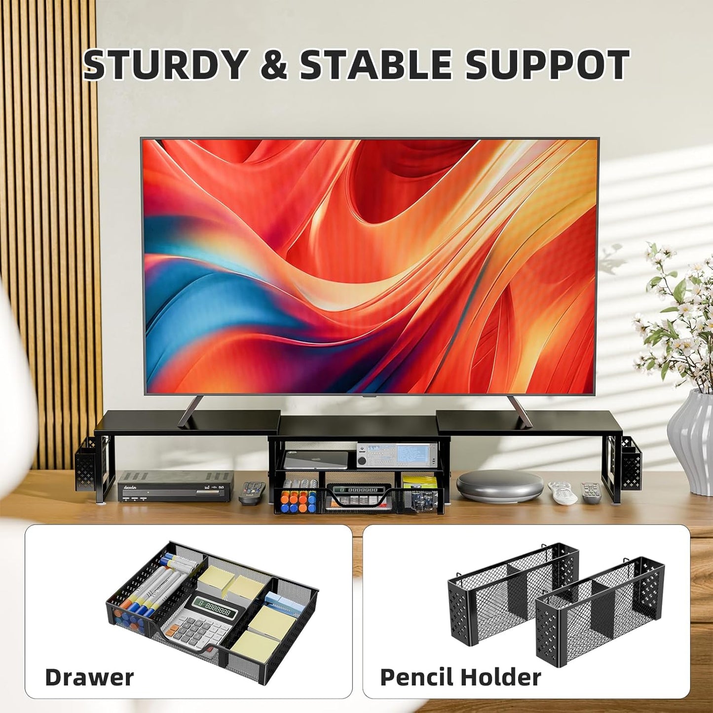 2 Simple Trending Desk Organizers and Accessories, Dual Monitor Stand Riser with Drawer and Pen Holder, Shelf for Top