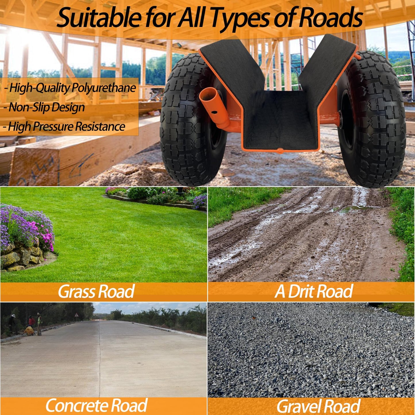Heavy Duty Panel Dolly, All-Terrain Slab Dolly with 1000 LB Weight Capacity,10-inch Wheels (Orange Solid Tires)-Patent Pending