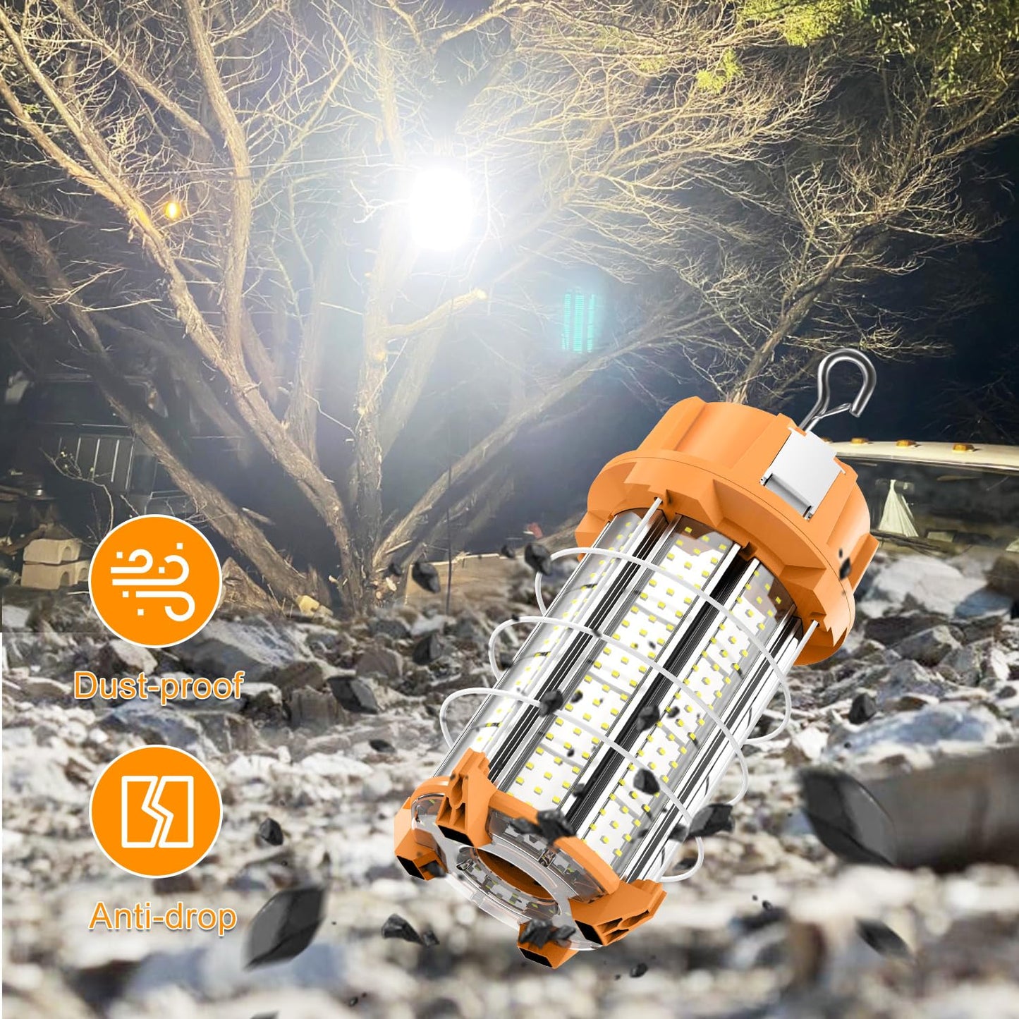 250W LED Temporary Work Light 37500Lm 5000K Construction Lights Led Work Light IP65 Dust Waterproof Portable Lights with Stainless Steel Guard Hook for Mine Wharf Job Site Garage Factory Lighting