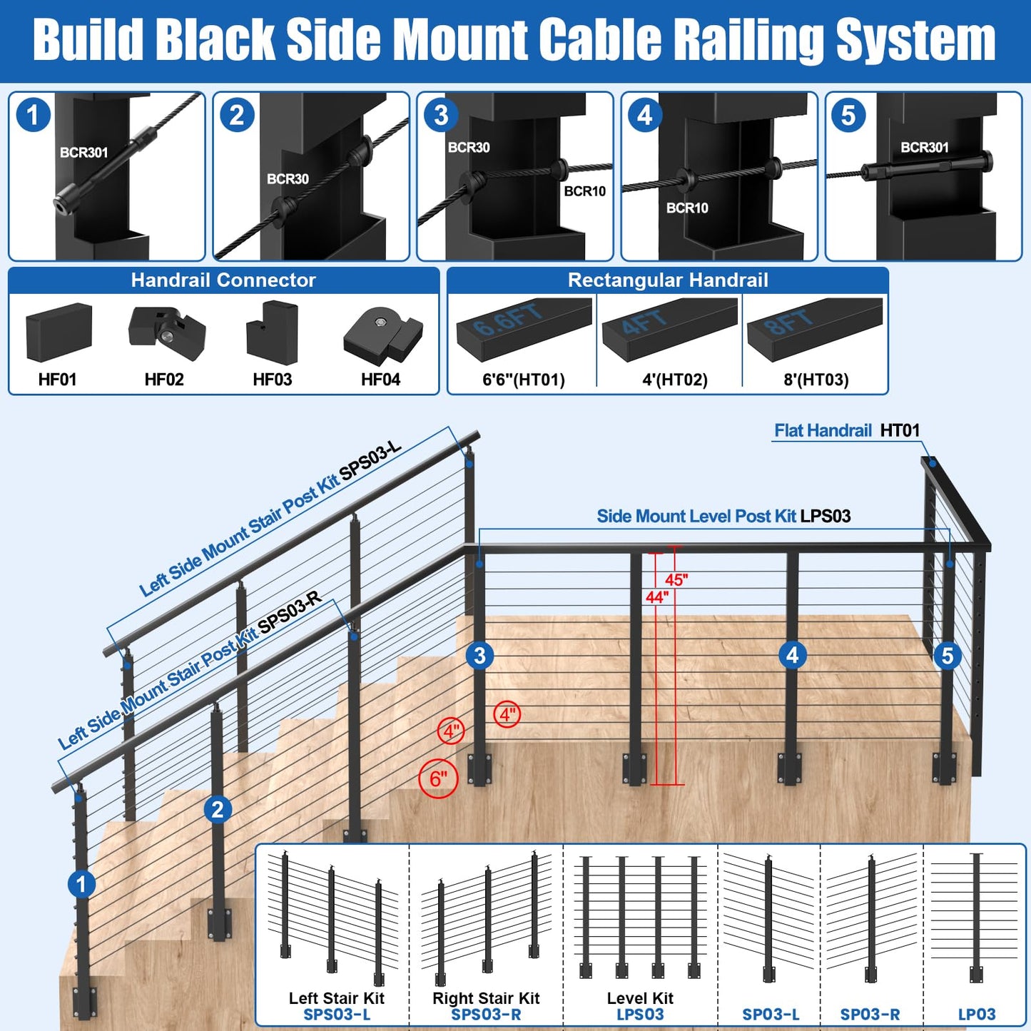 CKE Black Side Mount Stair Cable Railing Post 36 Inch (Post 44"x2"x2") for 25-35 Degrees Stair Railing, Left Side Space-Saving Stainless Steel Cable Railing System Kit Stair Post Indoor Outdoor SP03