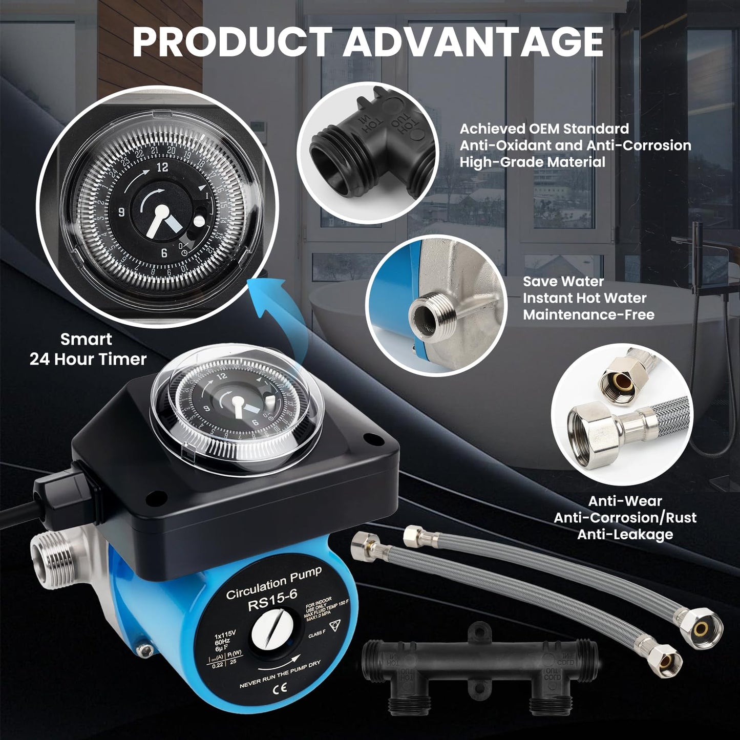 Instant Hot Water Recirculating Pump Kit - Save 15,000 Gallons/Year, Programmable Timer, 5-Year Warranty, Easy DIY Installation for Tank Water Heaters