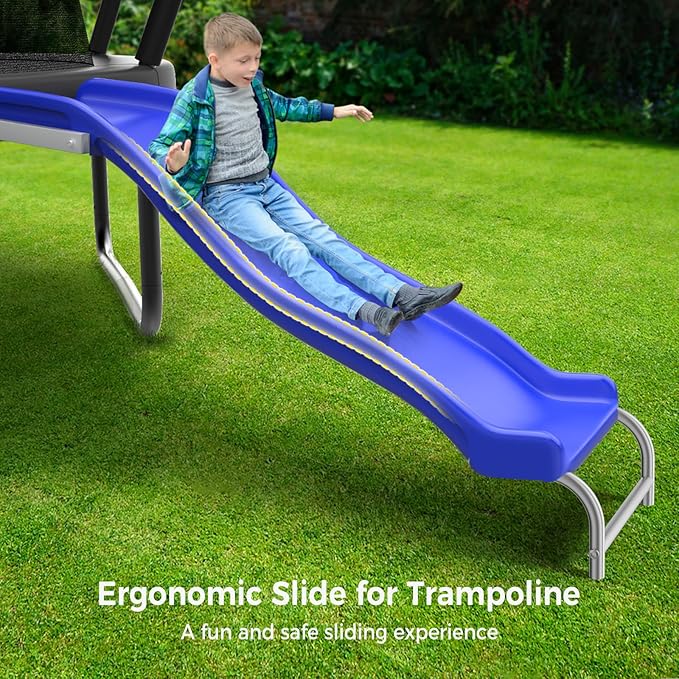 Heavy Duty Plastic Trampoline Slide with Support Frame for 8-16FT, Outdoor Plastic Slide for Trampoline, Adjustable Safer Trampoline Ladder for Kids 6+, 220 LBs Capacity, Blue