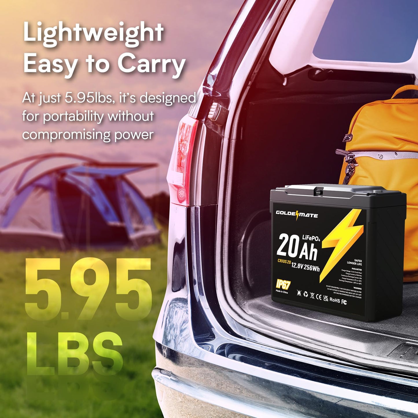 GOLDENMATE 12V 20Ah LiFePO4 Battery(2 Packs), IP67 Waterproof, 12V Lithium Battery with 5000+ Deep Cycles, Built-in BMS & Premium Battery Cells, Ideal for Solar, Marine, Fishfinder, Off-grid camping