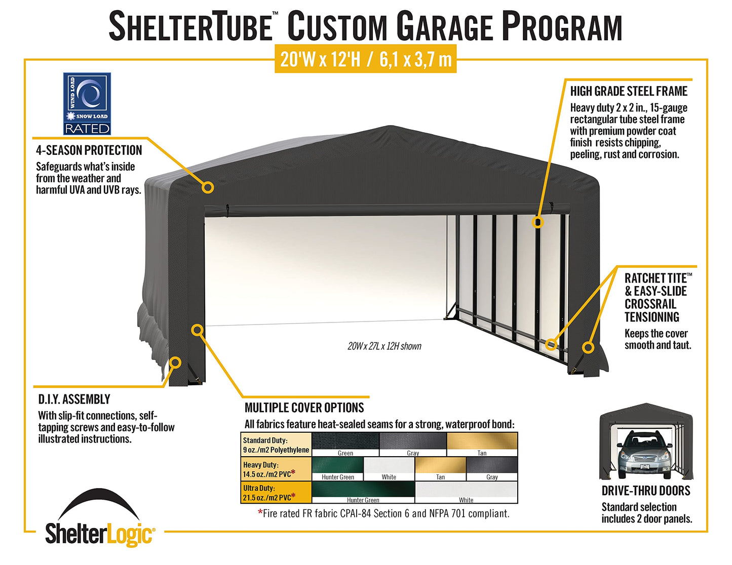 ShelterLogic ShelterTube Garage & Storage Shelter, 20' x 32' x 12' Heavy-Duty Steel Frame Wind and Snow-Load Rated Enclosure, Green