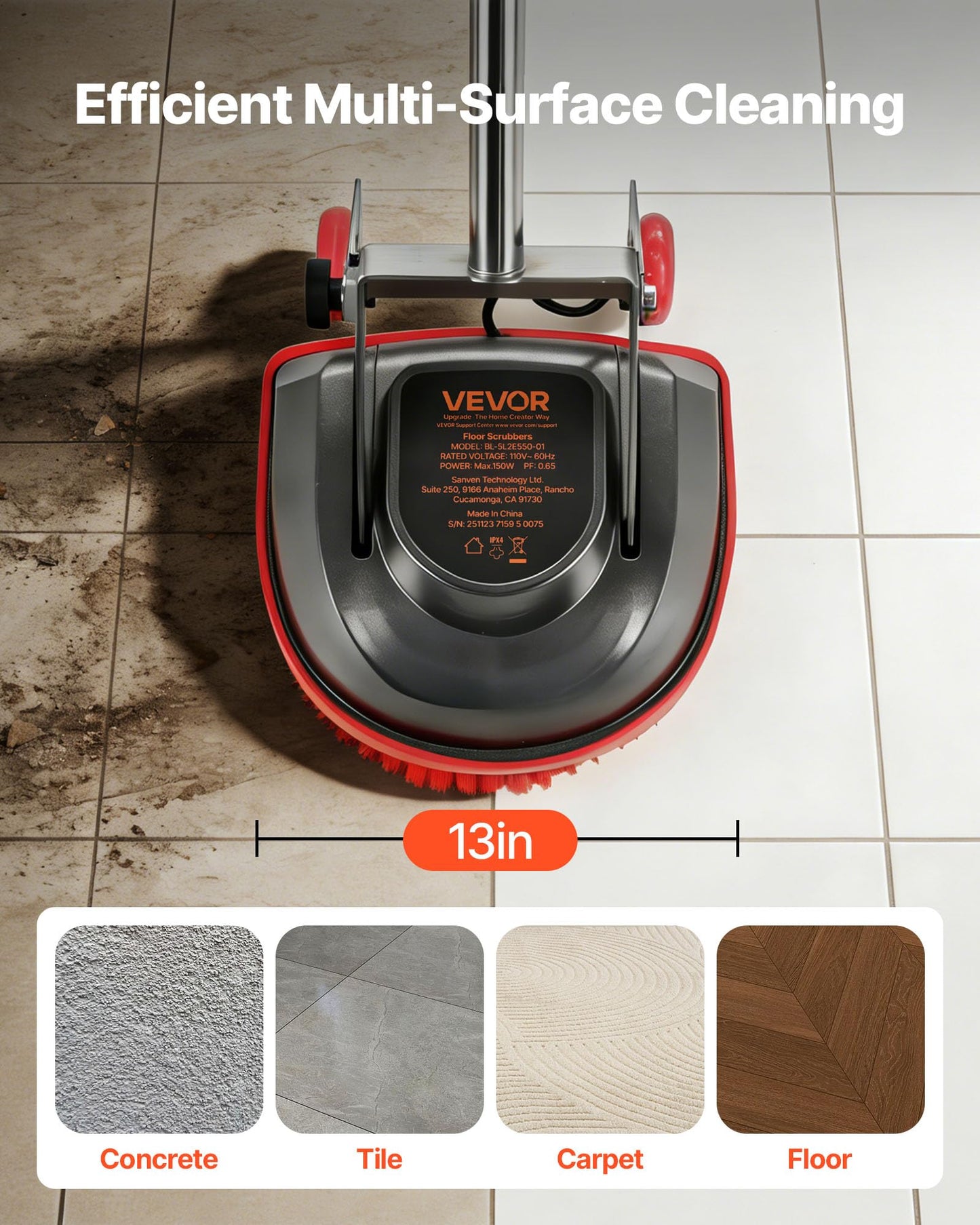 VEVOR Commercial Floor Scrubber Machine, Heavy Duty Floor Cleaner Polisher with 2 Wheels, Professional Electric Carpet Buffer, Max 1900 RPM, 43 FT Cord, 3 Pads & 3 Brushes - All Floor Surfaces