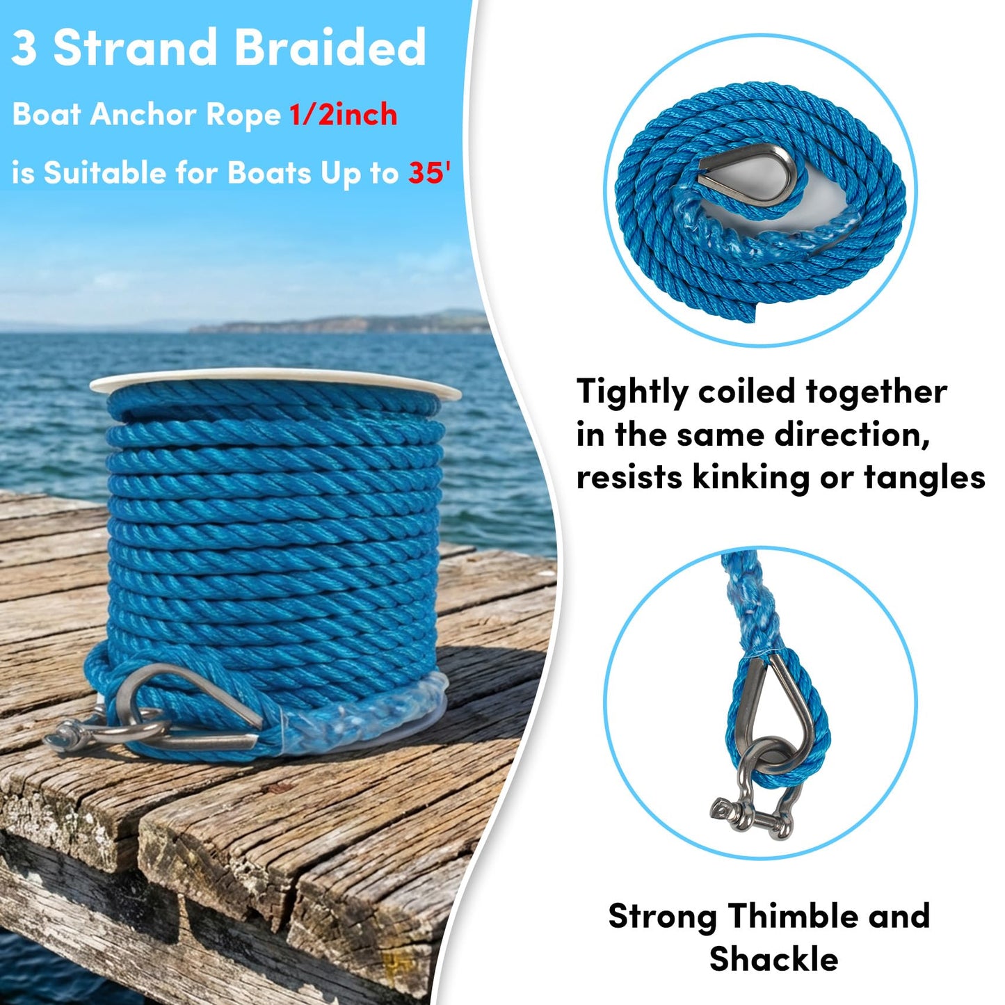 Anchor Rope 1/2 Inch 100 FT, Anchor Line 3 Strand Boat Rope with Stainless Steel Thimble & Shackle, Boat Anchor Rope Ideal for Towing Docking Mooring Boats Up to 35' - Lake Blue
