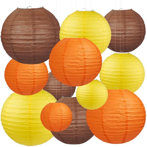 12Pcs Fall Paper Lanterns, Various Sizes (6" 8" 10" 12") Hanging Yellow Orange and Brown Paper Lanterns for Baby Shower Bridal Shower Wedding Birthday Thanksgiving Fall Party Decorations