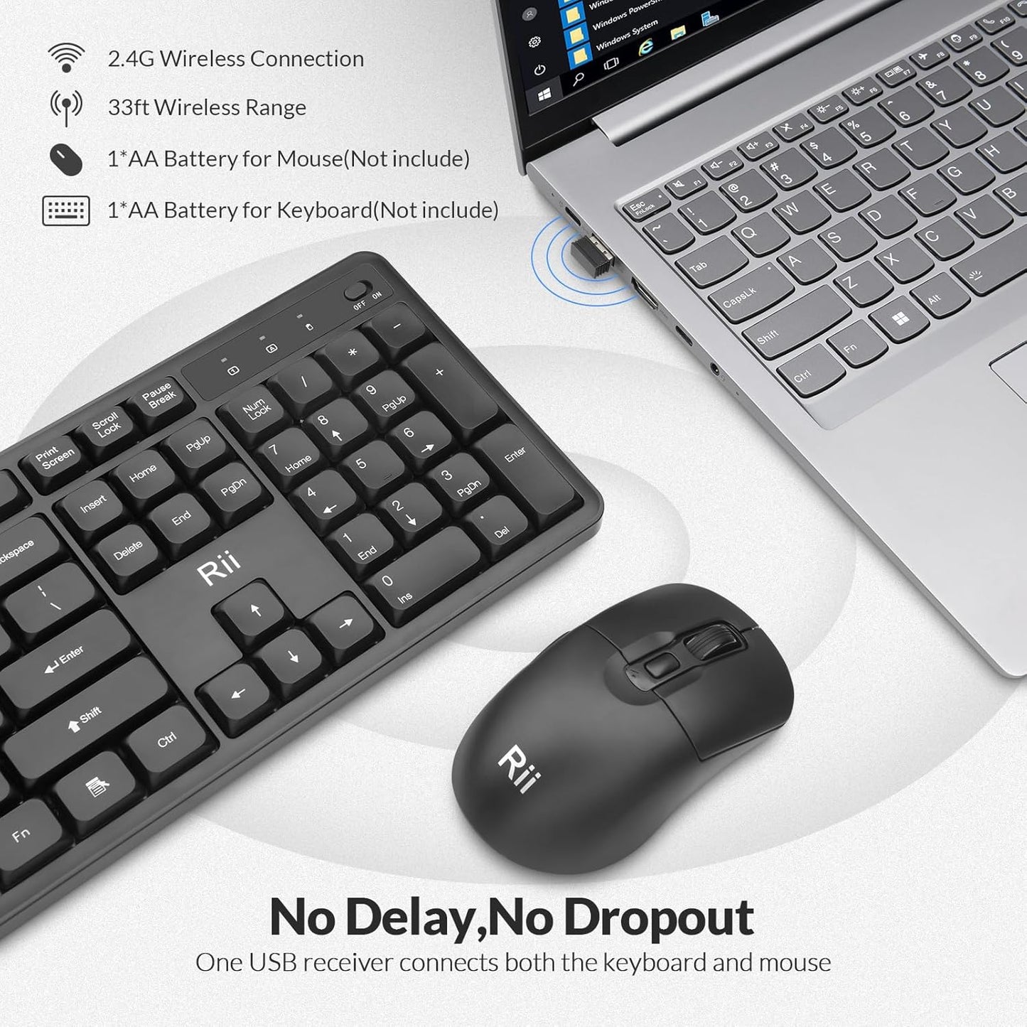 Rii RK209 2.4G 5000 Wireless Keyboard and Mouse, Full-Sized Quiet Wireless Ergonomic Keyboard,Quiet Typing