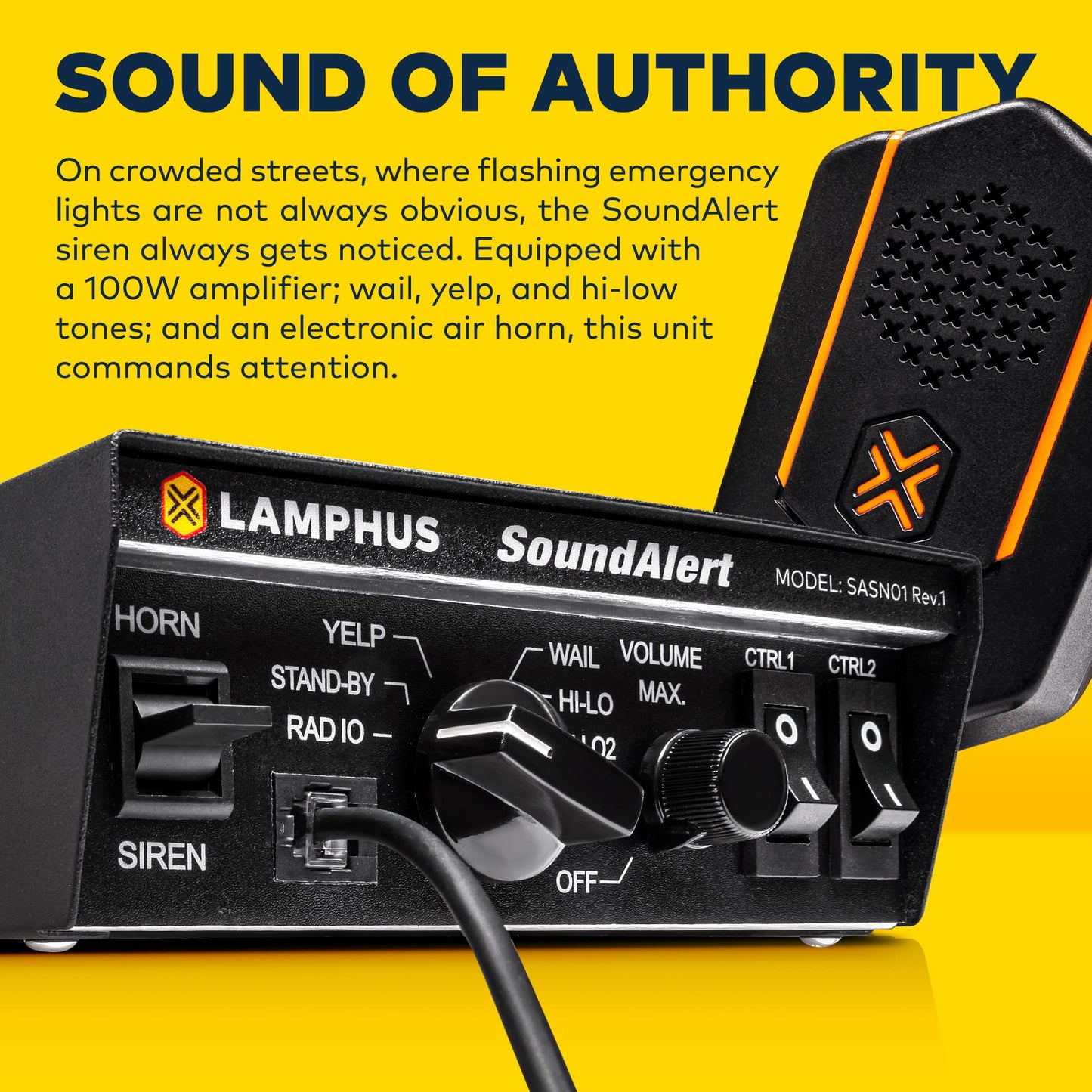 SoundAlert 100W Emergency Police Siren Kit [120-130dB Bullhorn Speaker] [2 x 16A Switch Control] [Hands-Free Air Horn] [PTT Mic] [Radio Rebroadcast] Warning Emergency PA System for Truck Car