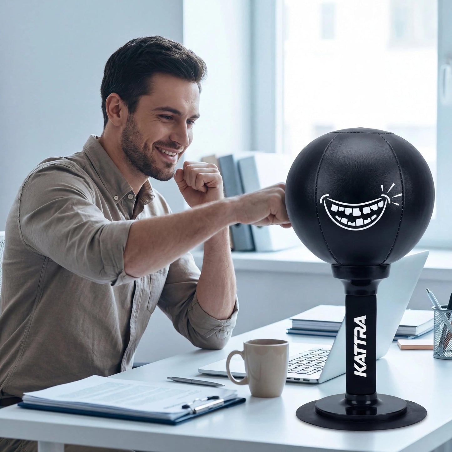 KATTRA Desktop Punching Bag with Suction Cup, Stress Relief Ball, Heavy Duty Grin Face Boxing Bag, Portable Mini Punching Bag,White Elephane Gift,