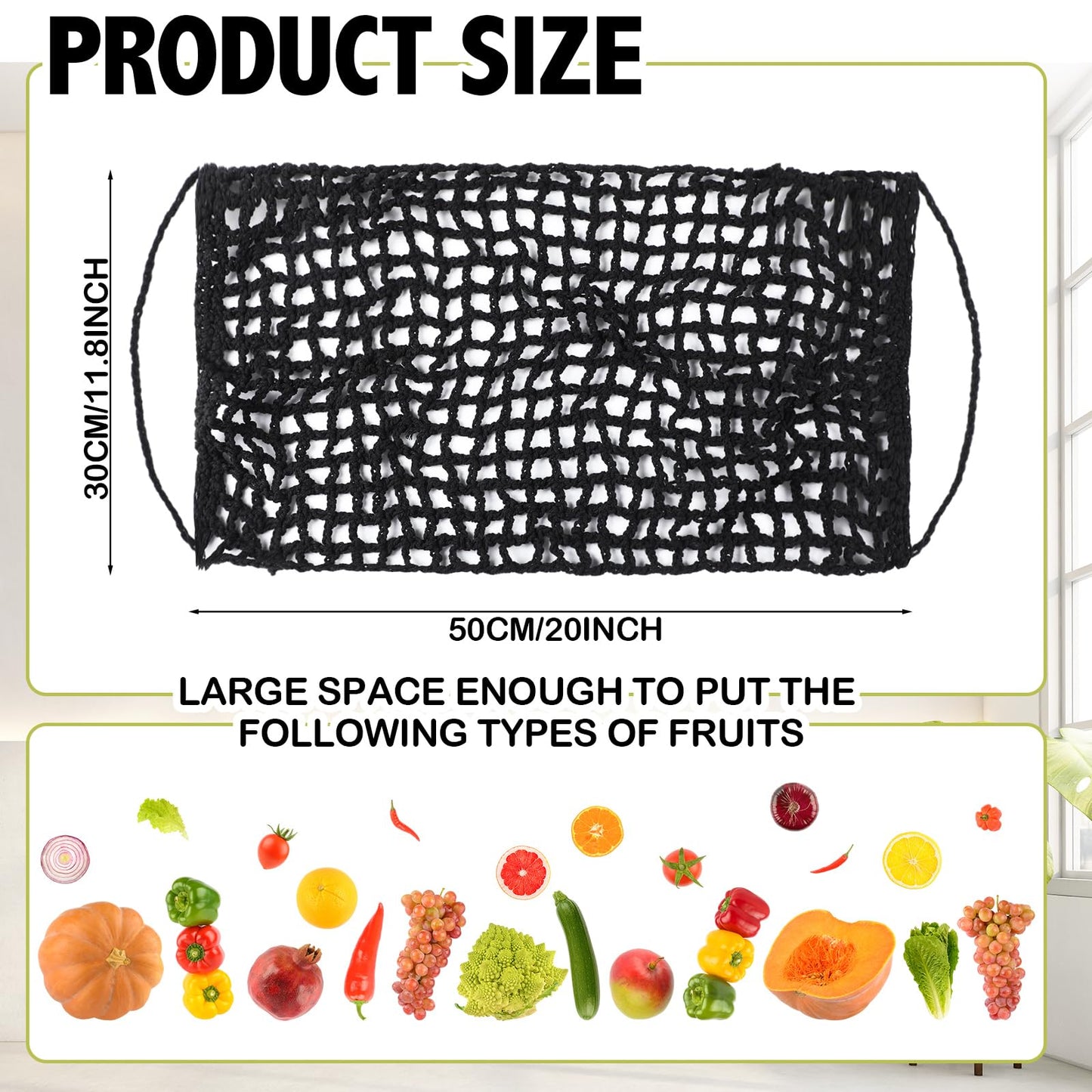 Xuhal 2 Pcs 11.8 x 20 Inch Large Macrame Fruit Hammock Under Cabinet Veggie Banana Hammock Hanging Fruit Basket Saves Counter Space for Kitchen Hand-woven Lace Hanging Basket (Black Style)