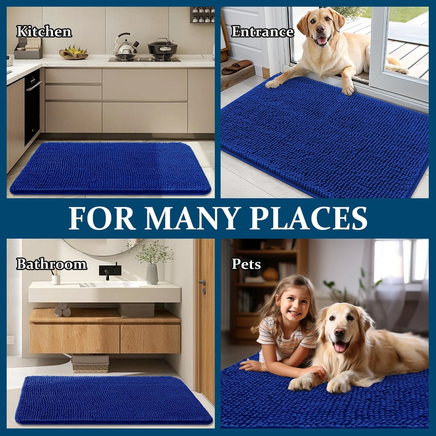 OLANLY Dog Door Mat - Absorbent Non-Slip Chenille for Muddy Paws | 70x32 Royal Blue Indoor Carpet