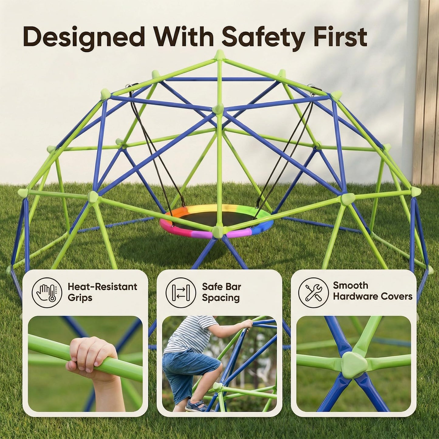 TABU 10FT Climbing Dome with Saucer Swing, Outdoor Dome Climber Supports 1000LBS, Rust-Resistant Jungle Gym Playground for Backyard & Patio, Easy Asssembly, for Ages 3-10