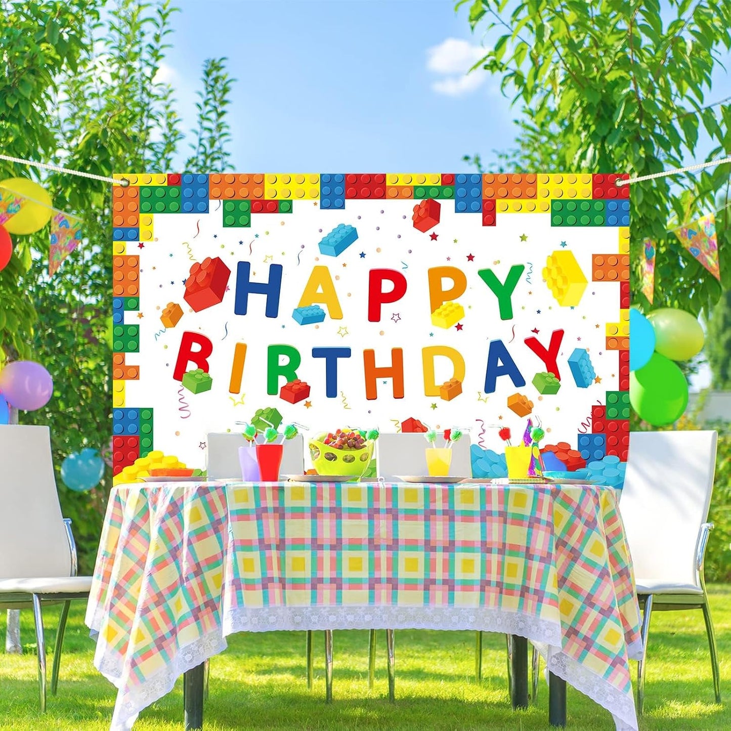 chiazllta 71 43 Building Blocks Happy Birthday Banner Colorful Blocks Birthday Party Decorations Backdrop Photography