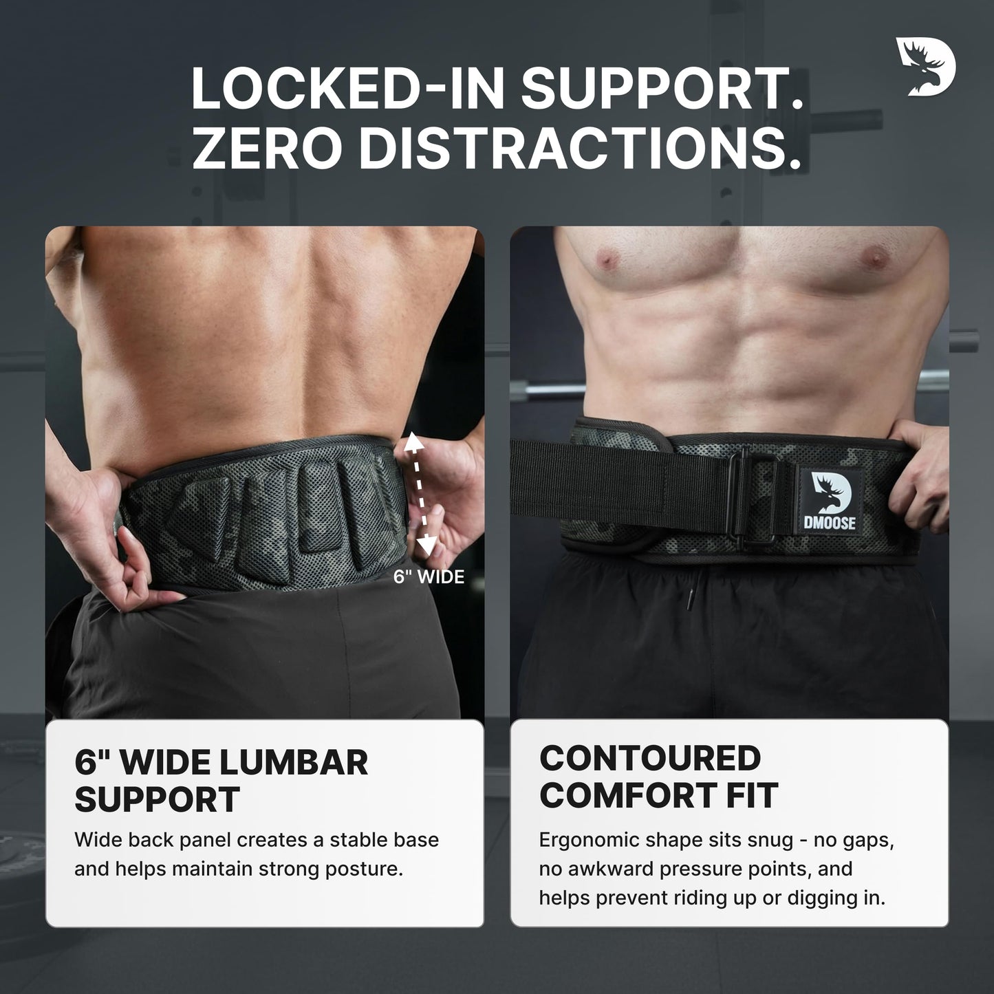 DMoose Fitness Weight Lifting Belt for Squats, Deadlift & Intense Workout - 6" Adjustable Fit Auto Lock Weightlifting Belt for Men & Women - Neoprene Gym Belts for Stability (Black Camo 2.0)