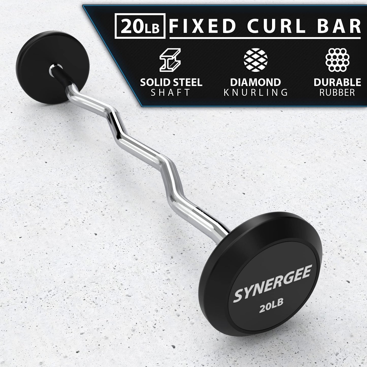 Synergee Fixed 20LB Easy Curl Bar Pre Weighted Curved Steel Bar with Rubber Weights - Fixed Weight