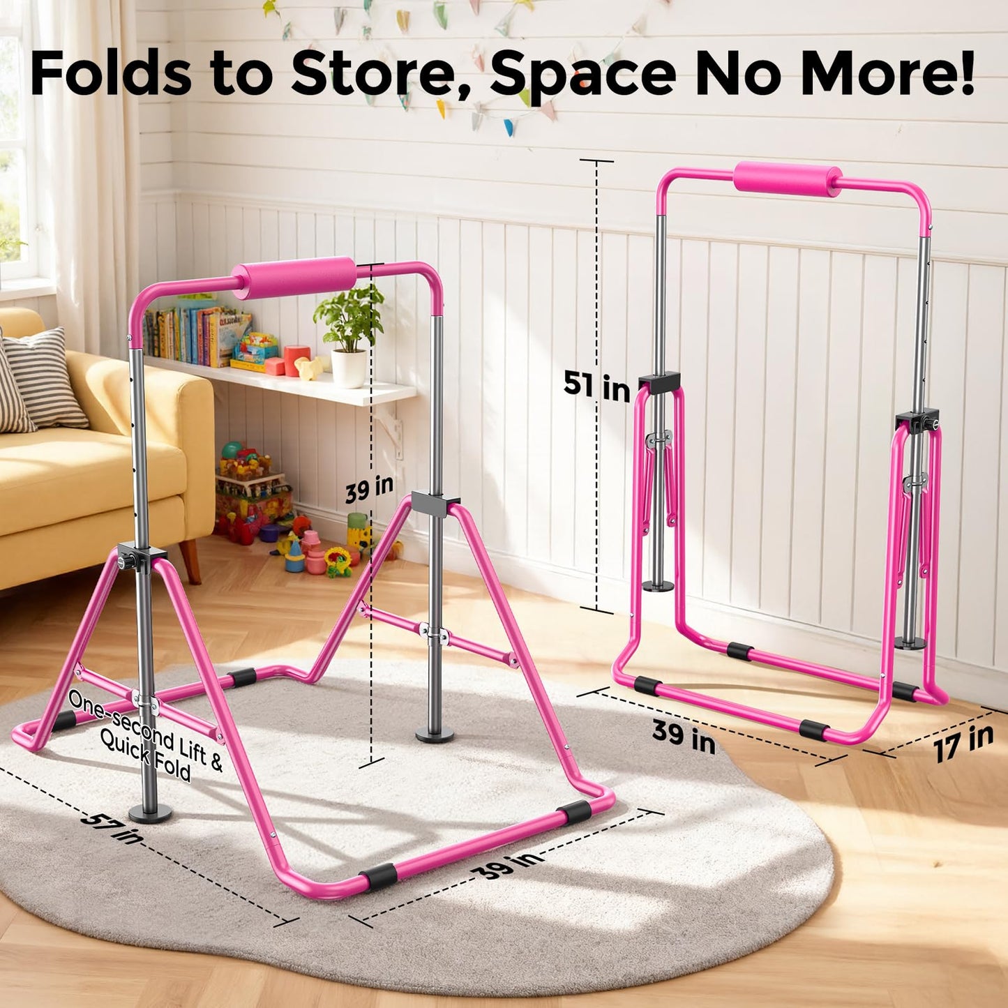Sportsroyals Gymnastics Bar for Kids,Adjustable Height Gymnastic Horizontal Bars,Folding Gymnastic Junior Training Kip Bar for Home, Pink (Pink)