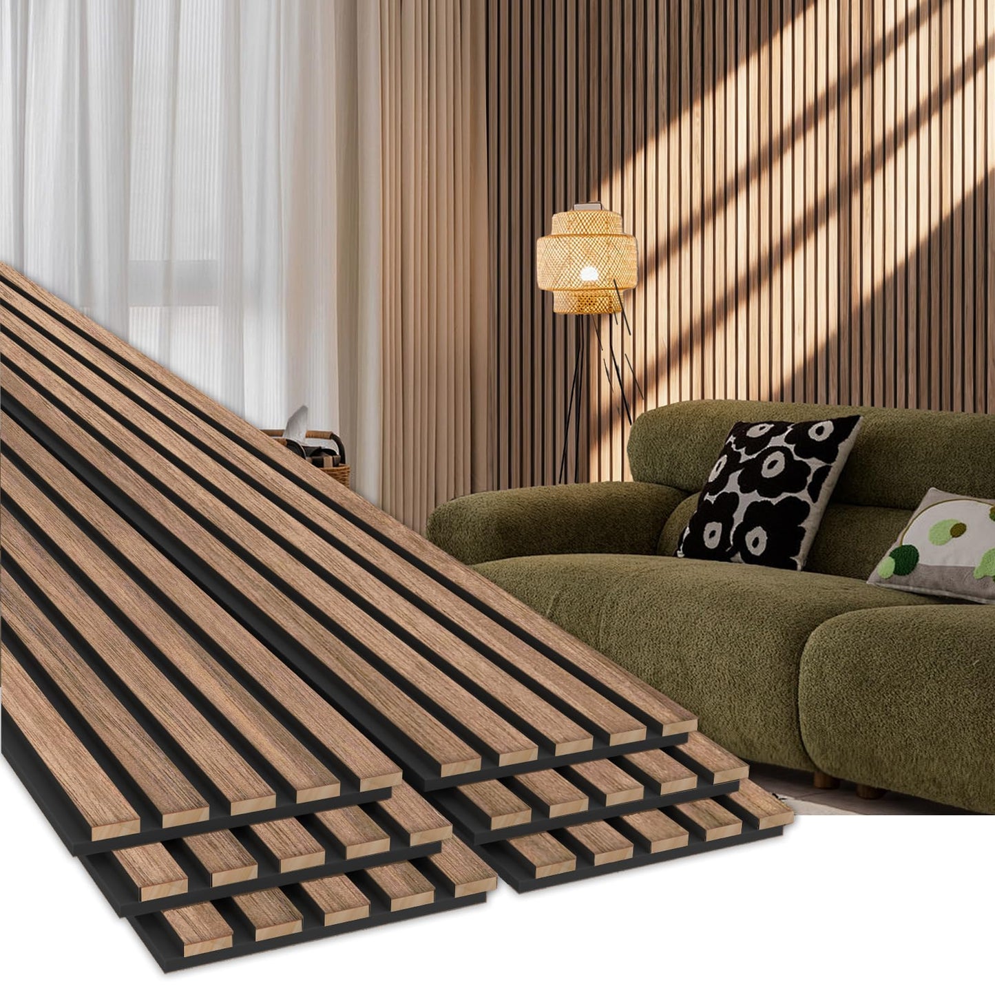 EVERECO 6 Pack Wood Panels for Wall 94.5" × 7.87" Acoustic Soundproof Wall Slat Panels, 3D Wall Panels for Home Office Decoration, Natural Walnut