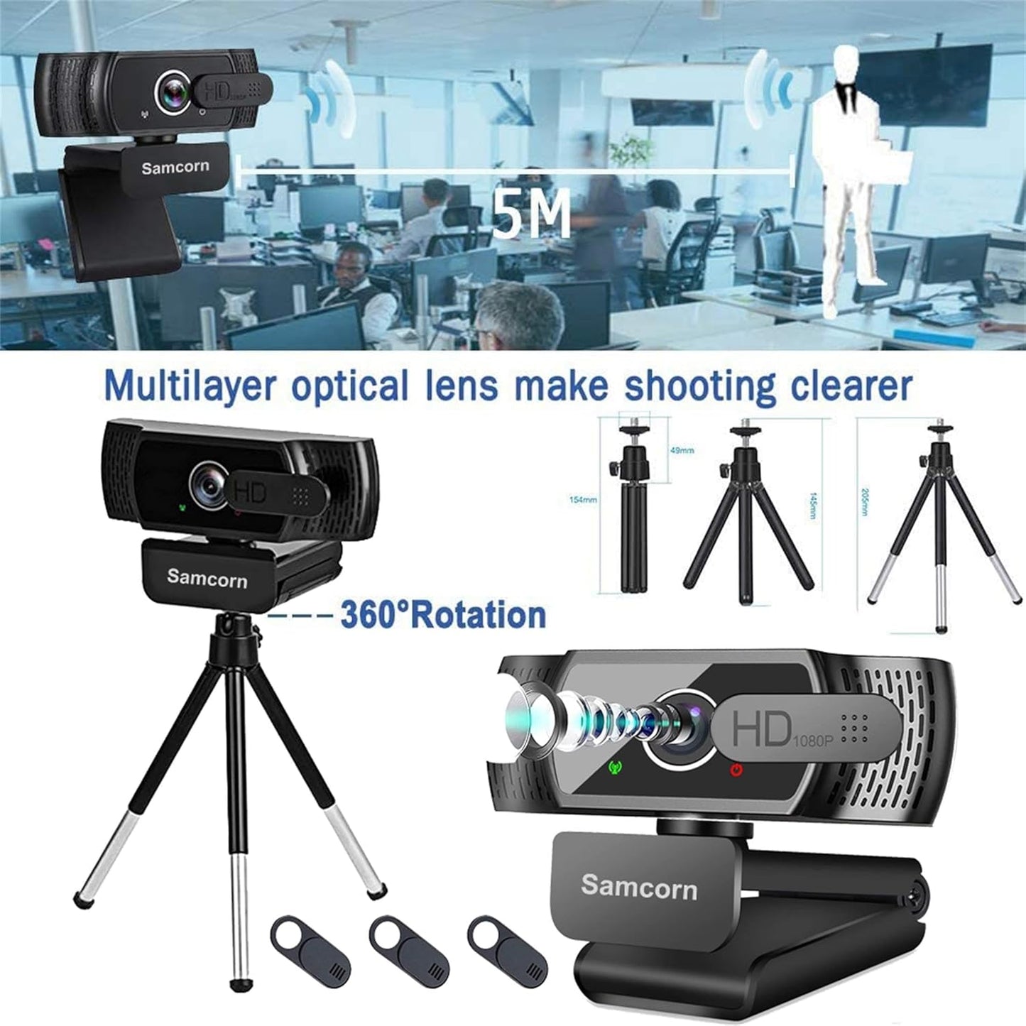 Samcorn Desktop,1080P 3D Webcam with Microphone for HD USB Webcam Live Streaming Laptop PC Computer Web Camera