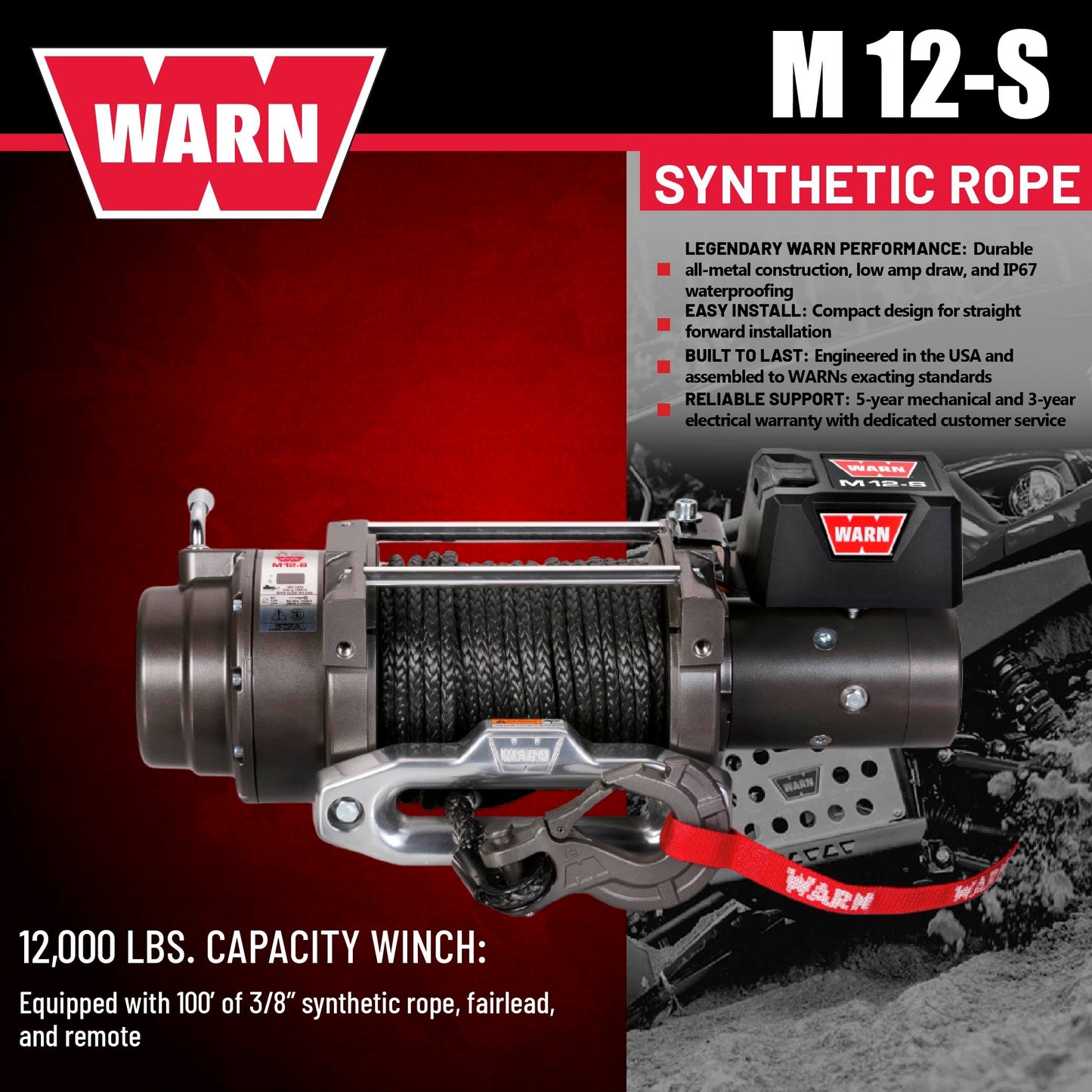 WARN M12-S Electric 12V Heavyweight Winch – 12,000 lb Pulling Capacity, Synthetic Rope, Sealed Motor, IP68 Waterproof, All-Metal Gear Train for Off-Road Recovery & Industrial Use