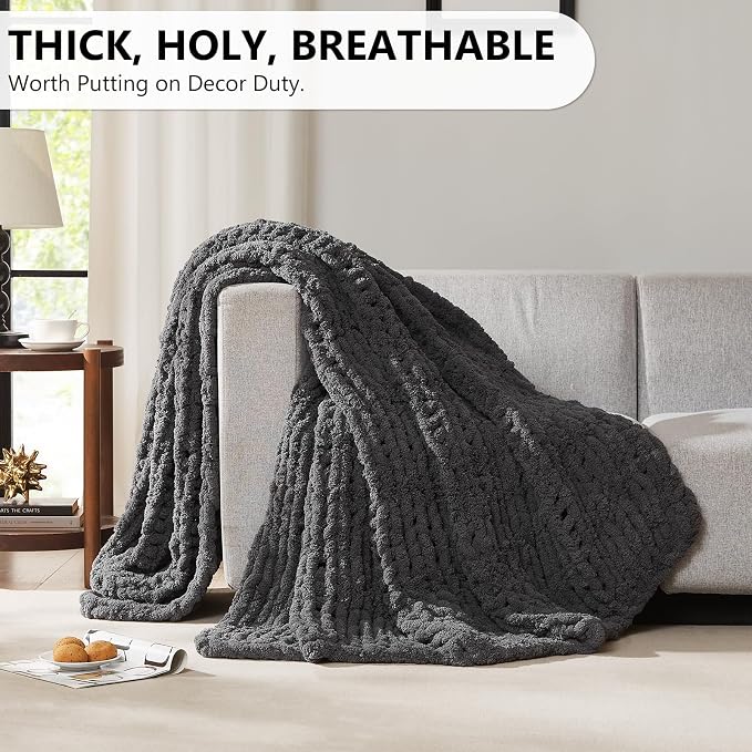 L'AGRATY Chunky Knit Blanket Throw: 80''x90'' Chenille Chunky Knitted Throw Blankets for Bed Couch - Handmade Thick Big Cable Knit Blanket - Large Crochet Blankets for Home Decor(Dark Grey)